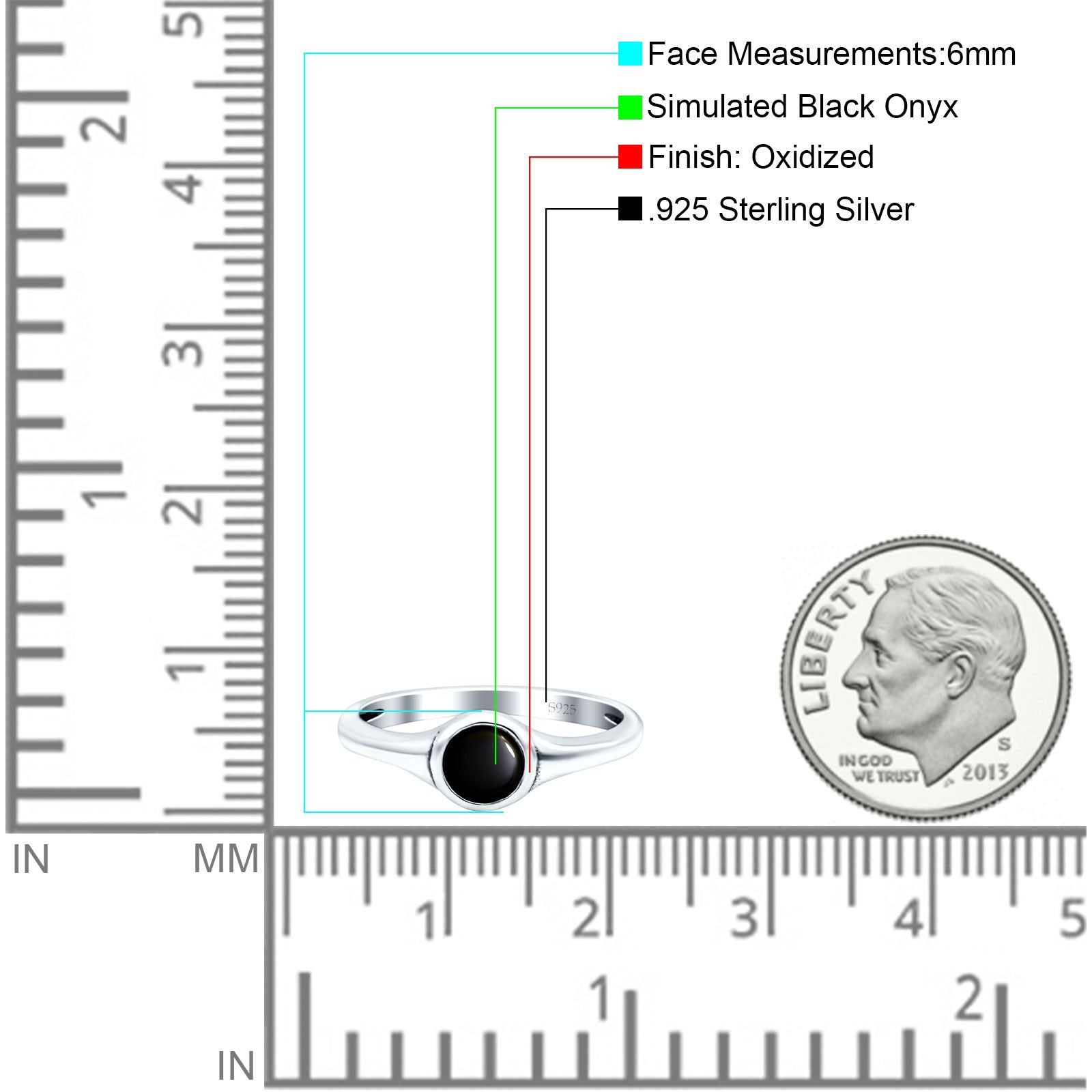 Petite Dainty Round Promise Ring Solid Oxidized Simulated Black Onyx 925 Sterling Silver