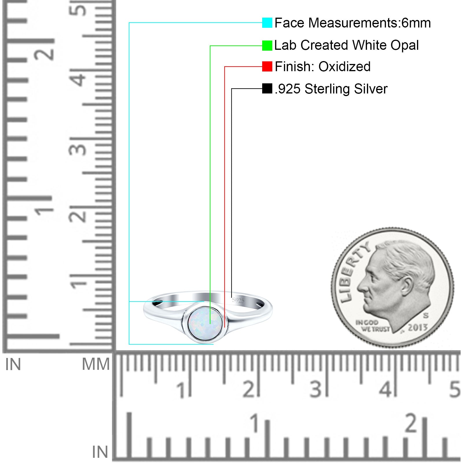 Petite Dainty Round Promise Ring Solid Oxidized Lab Created White Opal 925 Sterling Silver