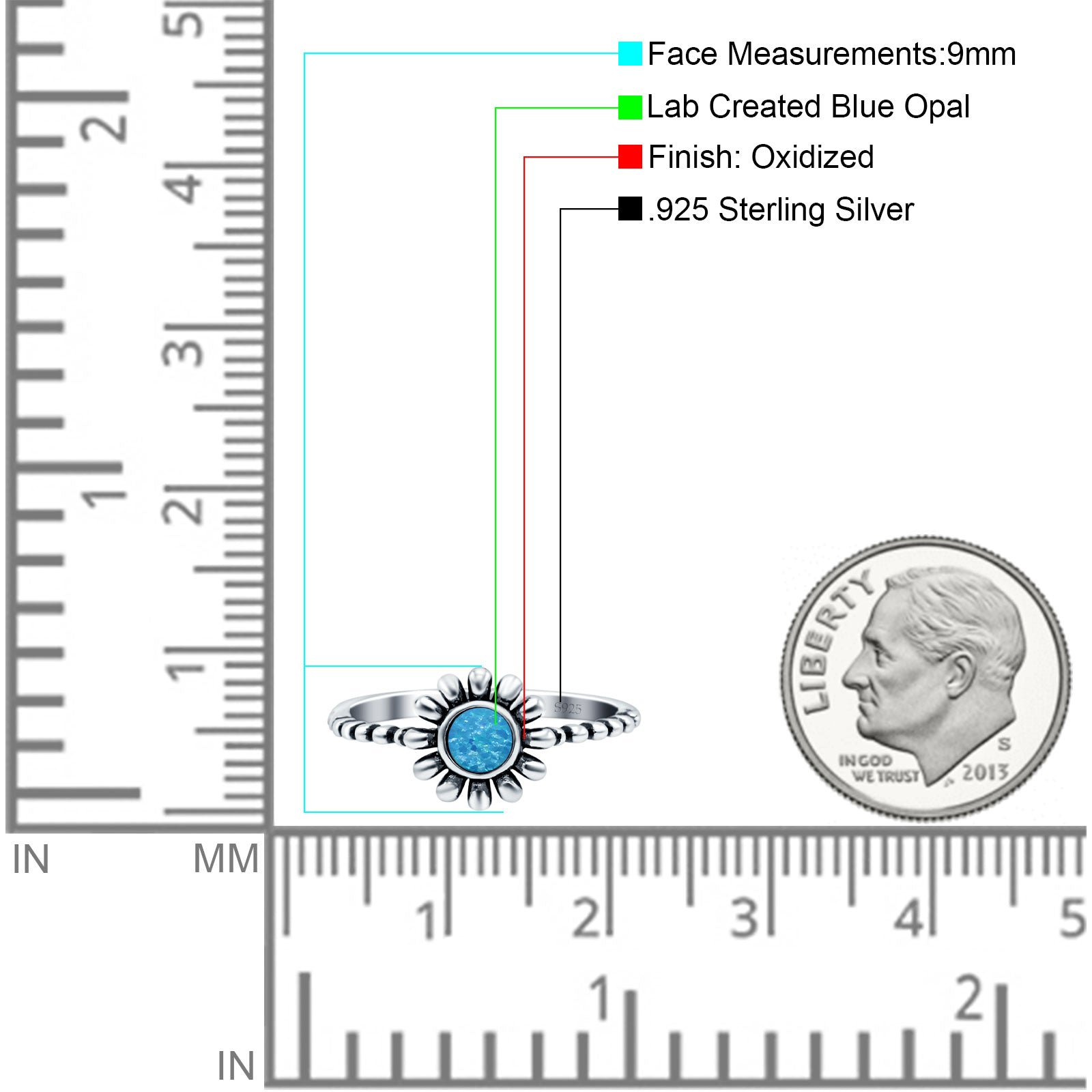 Flower Style Petite Dainty Round Ring Solid Oxidized Lab Created Blue Opal 925 Sterling Silver