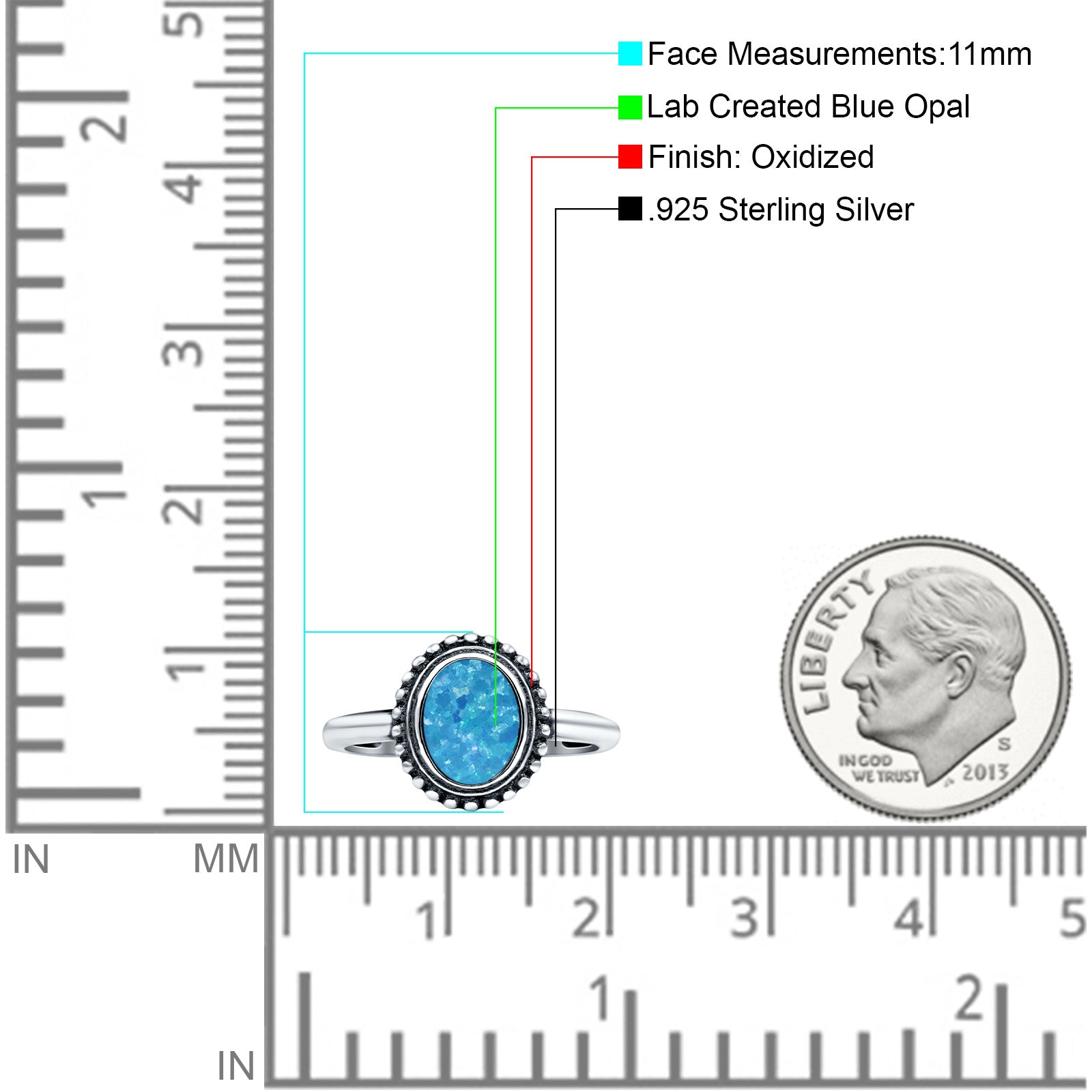 Petite Dainty Lab Opal Ring Solid Round Oxidized Lab Created Blue Opal 925 Sterling Silver