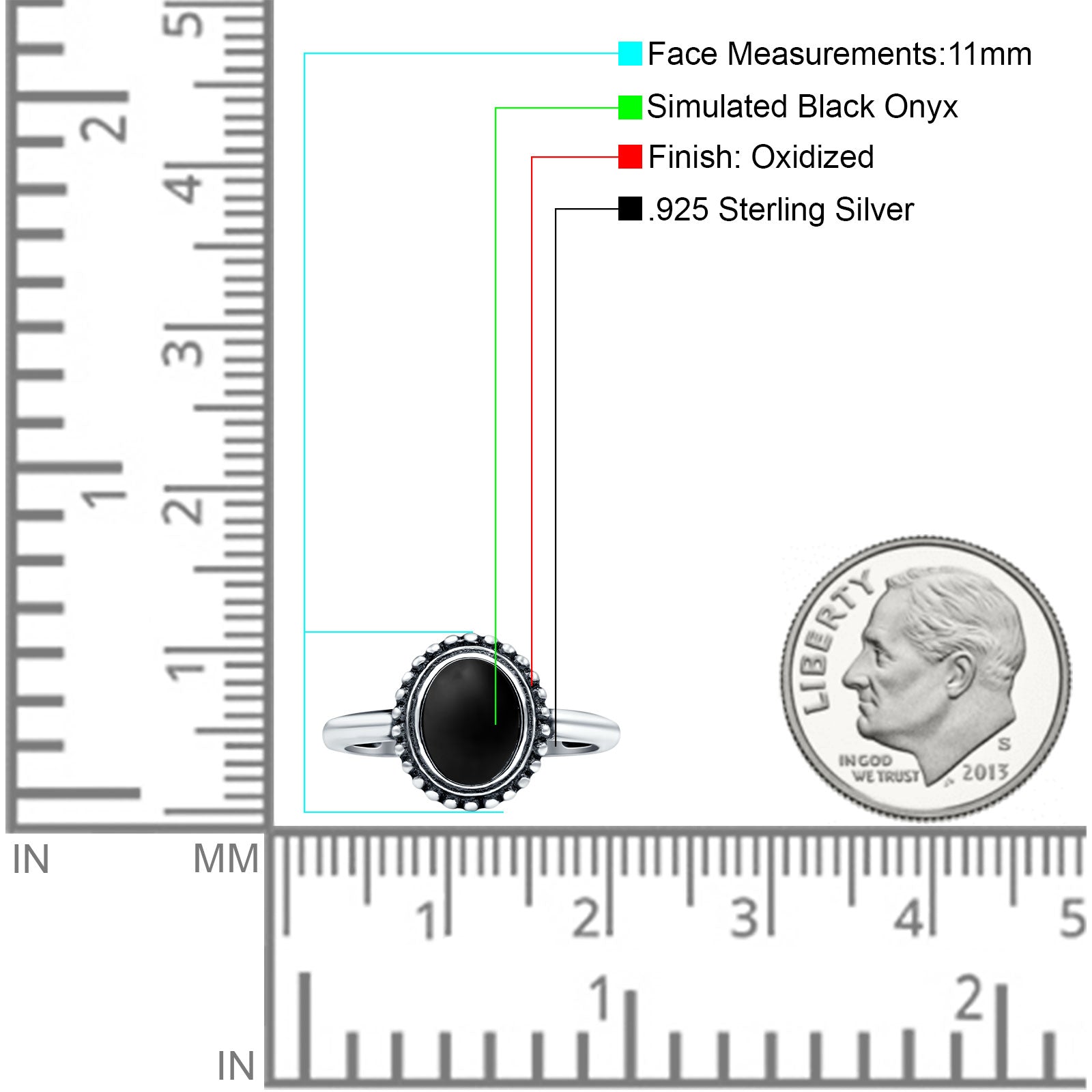 Petite Dainty Lab Opal Ring Solid Round Oxidized Simulated Black Onyx 925 Sterling Silver