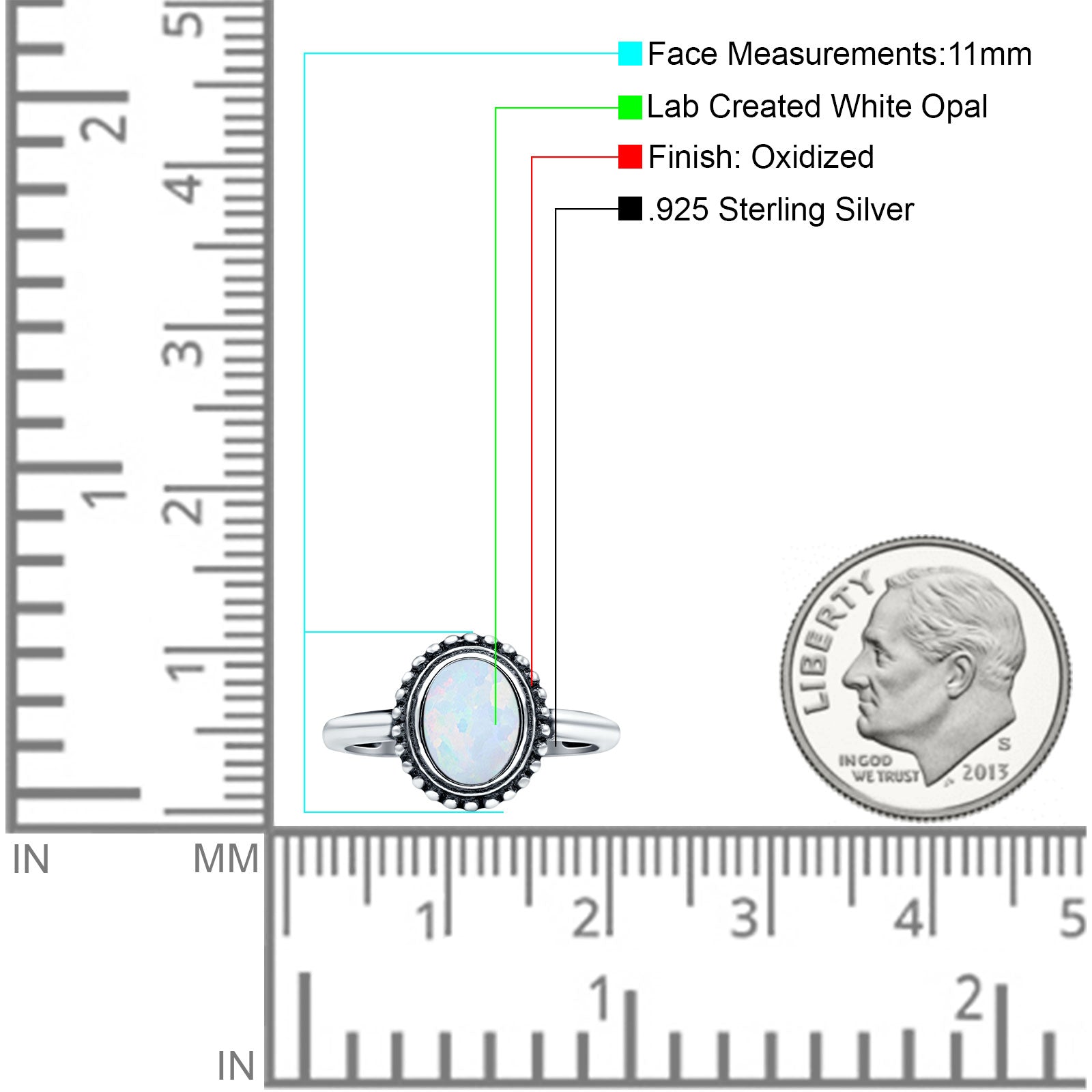 Petite Dainty Lab Opal Ring Solid Round Oxidized Lab Created White Opal 925 Sterling Silver