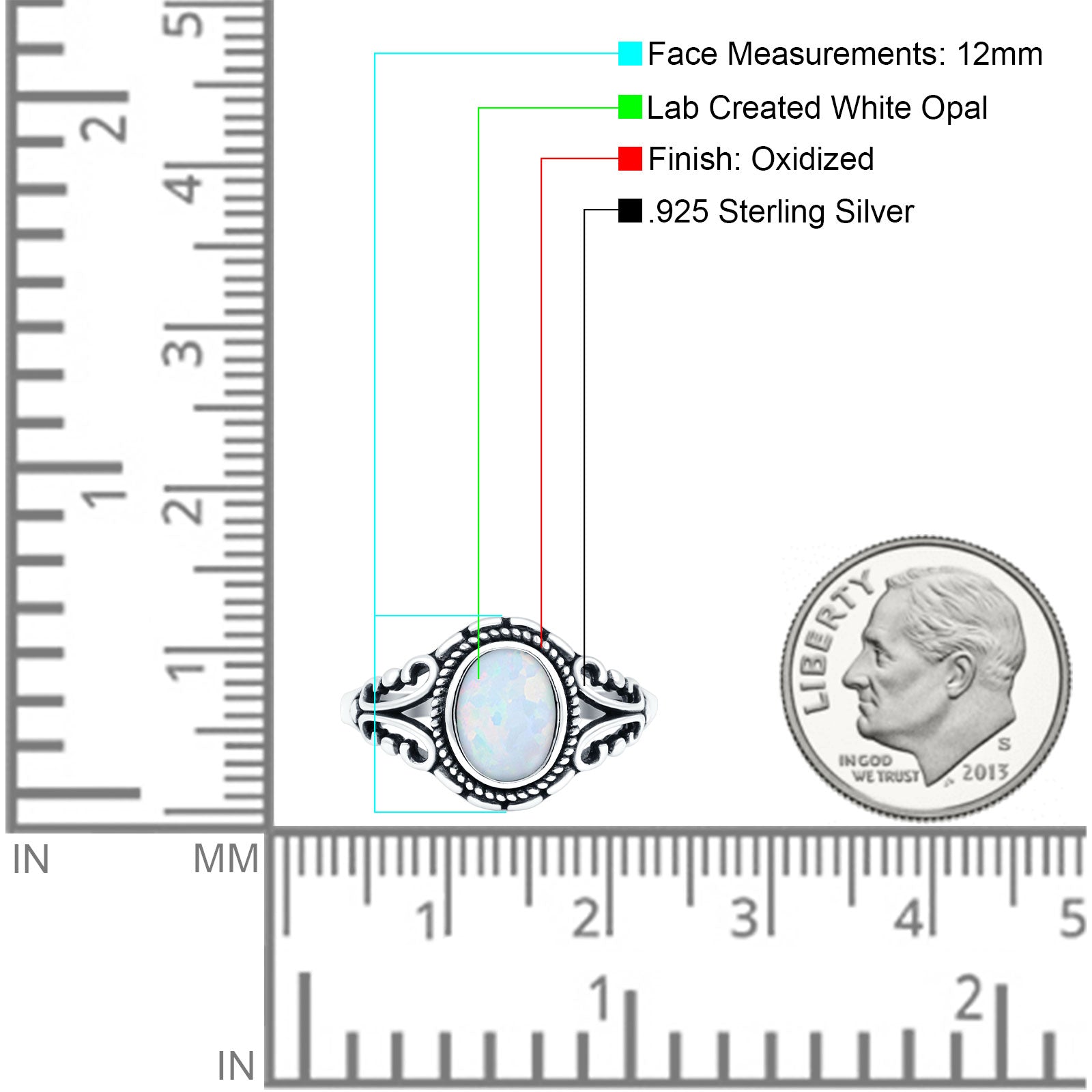 Petite Dainty Vintage Style Oval Ring Solid Lab Created White Opal 925 Sterling Silver