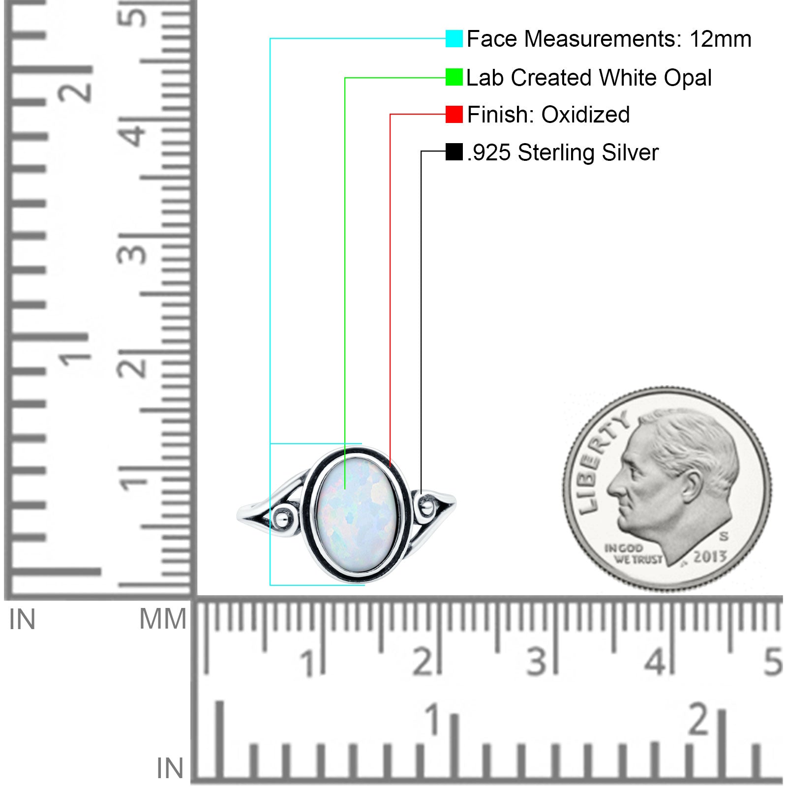 Petite Dainty Oval Vintage Style Ring Oxidized Lab Created White Opal Solid 925 Sterling Silver