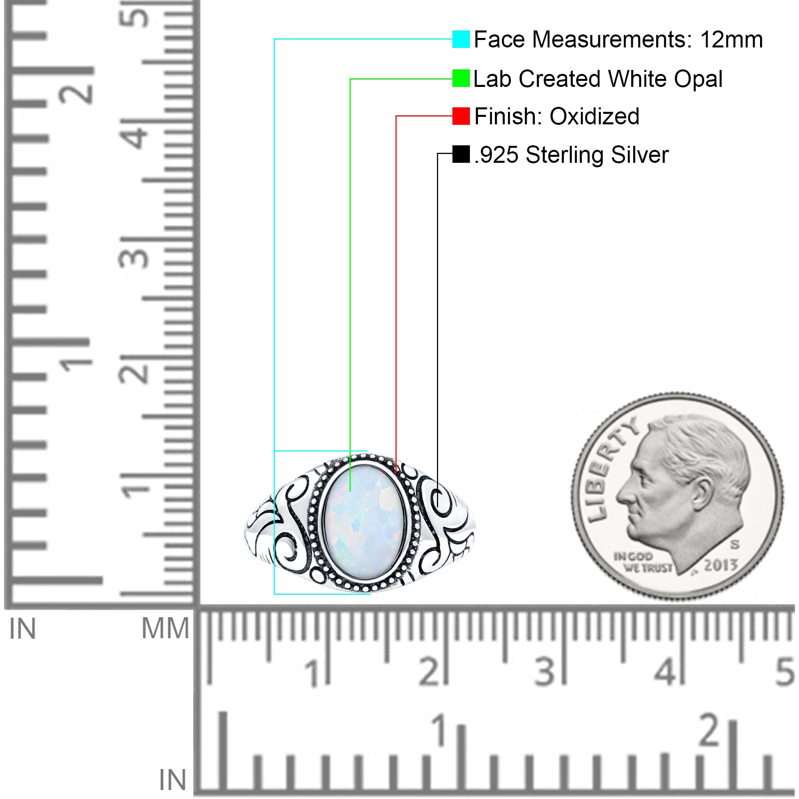 Filigree Vintage Style Lab Opal Ring Solid Oval Oxidized Lab Created White Opal 925 Sterling Silver