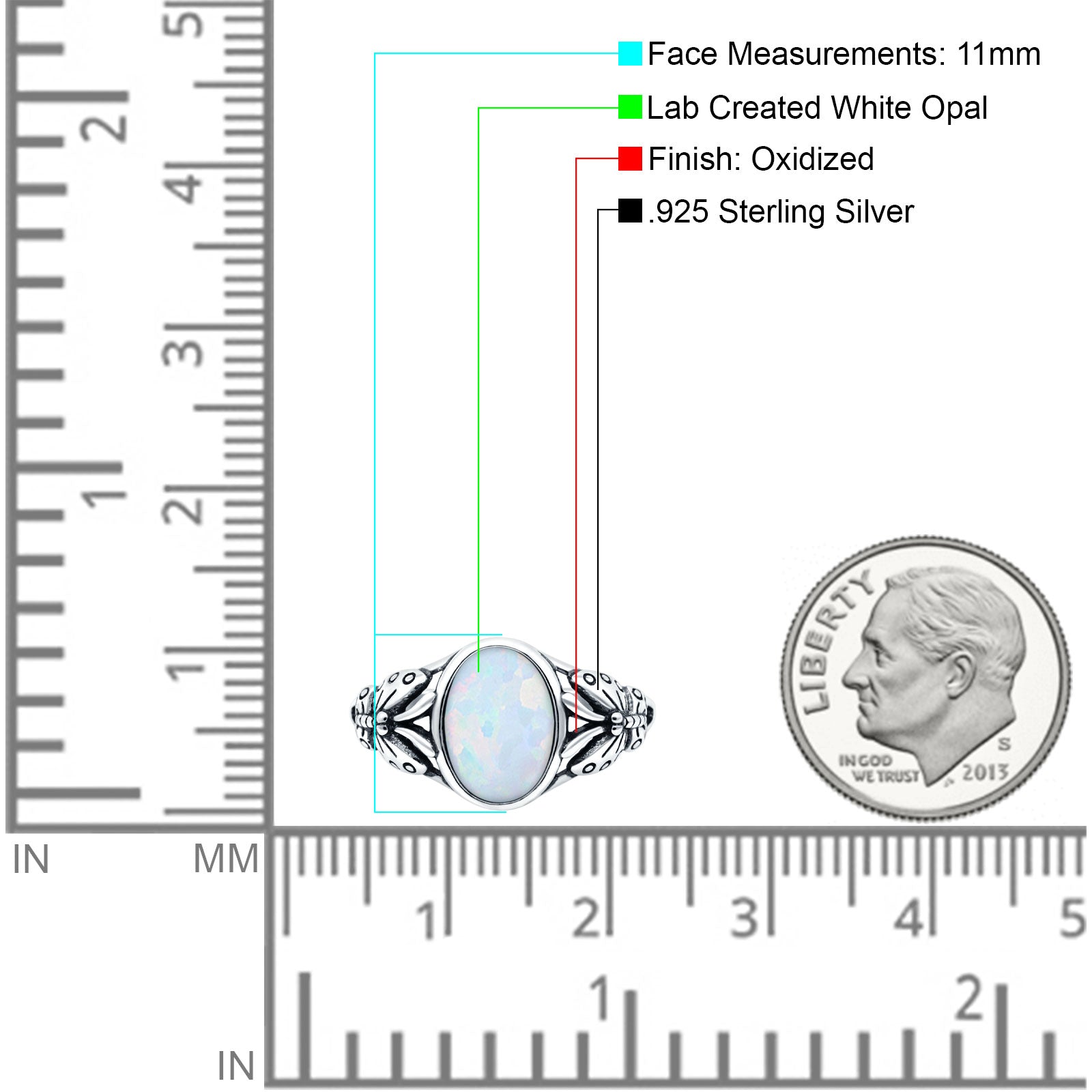 Petite Dainty Butterfly Lab Opal Ring Solid Oval Oxidized Lab Created White Opal 925 Sterling Silver