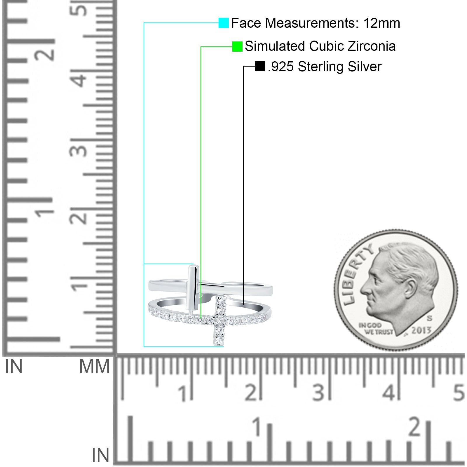 Sideways Cross Eternity Ring Round Simulated Cubic Zirconia 925 Sterling Silver