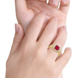 Halo Art Deco Wedding Ring Yellow Tone, Simulated Ruby CZ 925 Sterling Silver