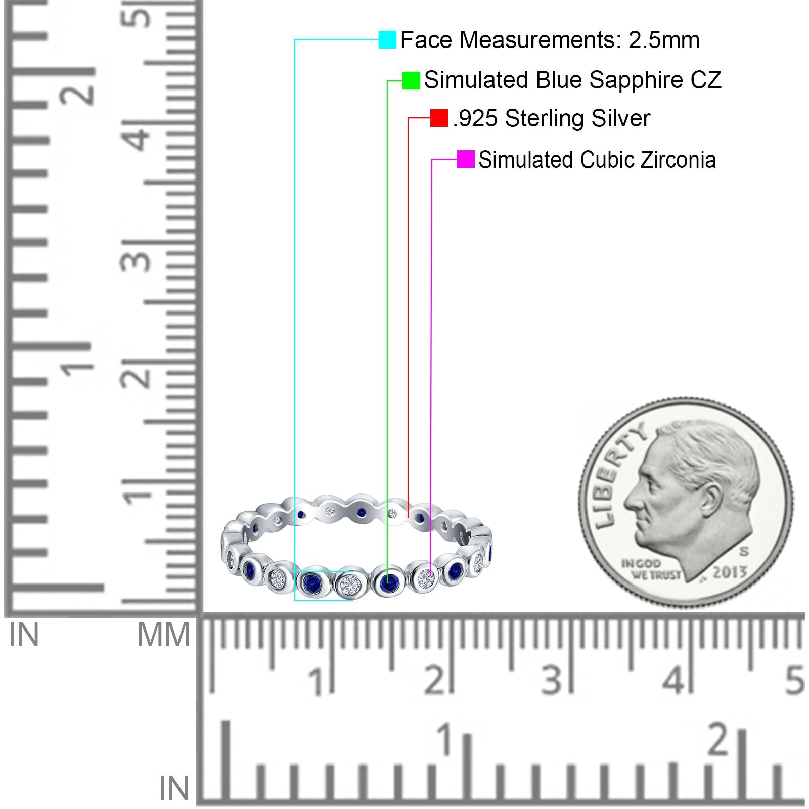 Full Eternity 2.5mm Wedding Stackable Band Ring Round Simulated Blue Sapphire Cubic Zirconia 925 Sterling Silver