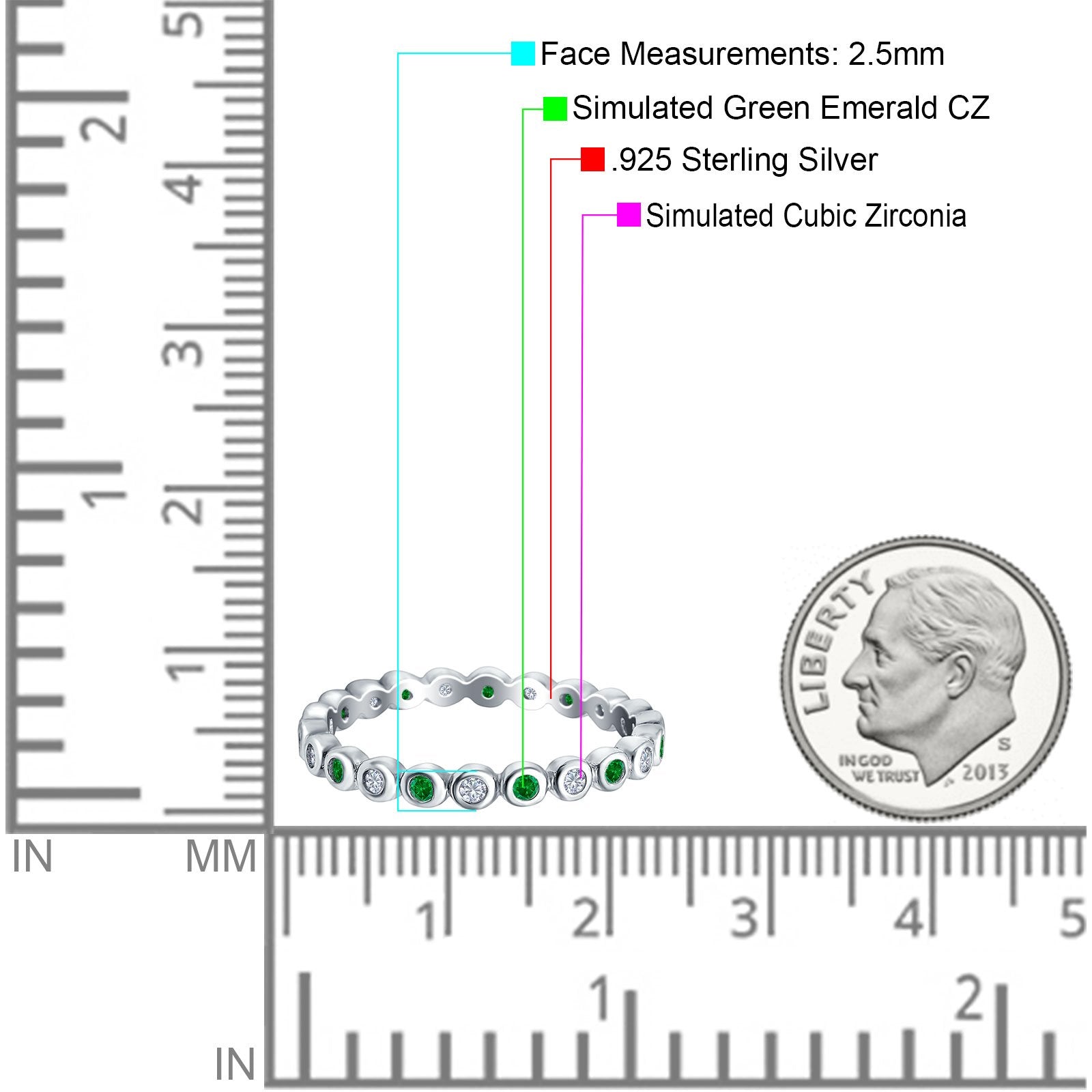 Full Eternity 2.5mm Wedding Stackable Band Ring Round Simulated Green Emerald CZ 925 Sterling Silver