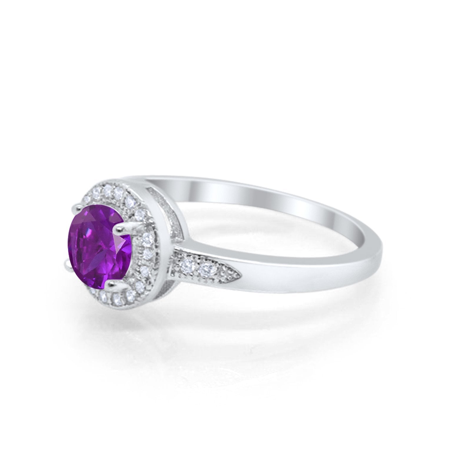 Halo Art Deco Engagement Ring Round Simulated Amethyst CZ 925 Sterling Silver