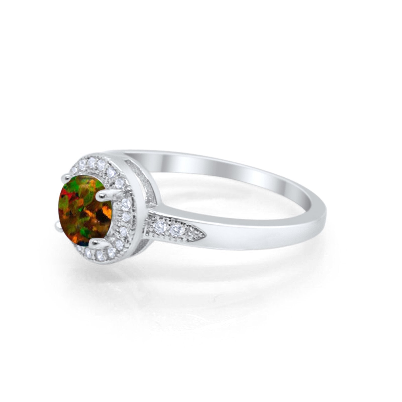 Halo Art Deco Engagement Ring Round Lab Created Black Opal 925 Sterling Silver