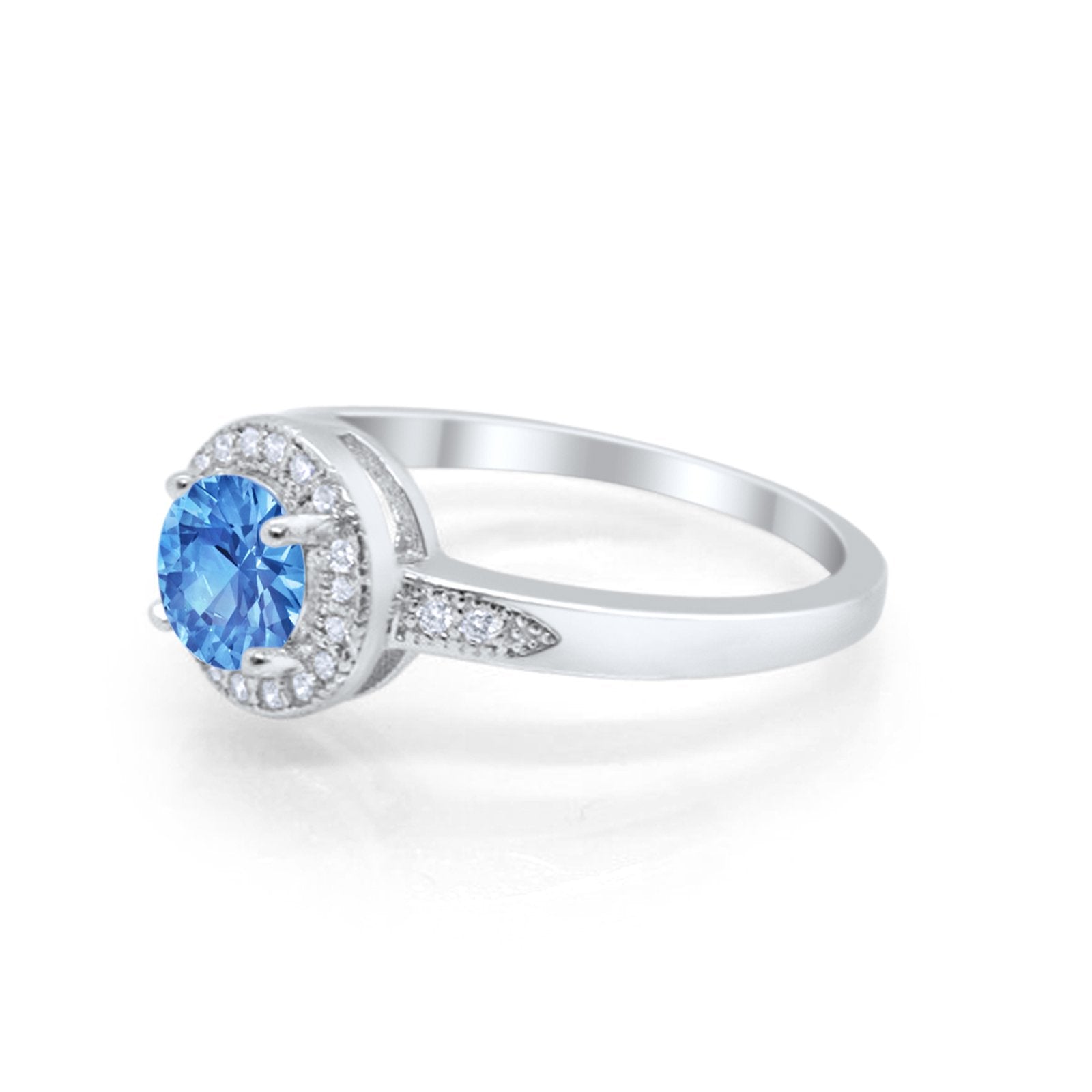 Halo Art Deco Engagement Ring Round Simulated Blue Topaz CZ 925 Sterling Silver