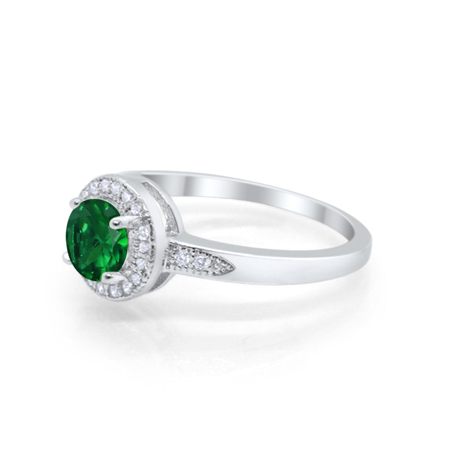 Halo Art Deco Engagement Ring Round Simulated Green Emerald CZ 925 Sterling Silver