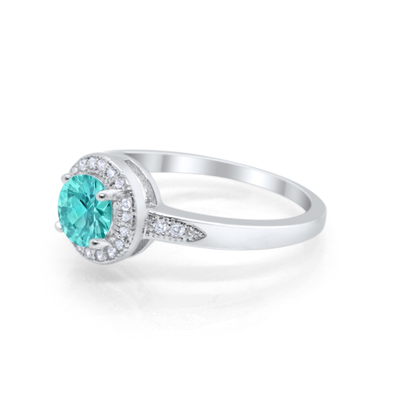 Halo Art Deco Engagement Ring Round Simulated Paraiba Tourmaline CZ 925 Sterling Silver