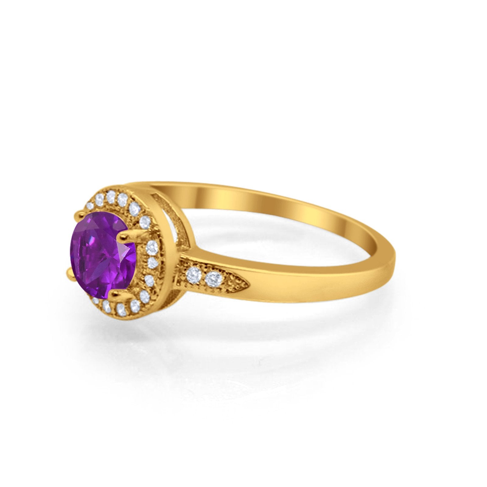 Halo Art Deco Engagement Ring Round Yellow Tone, Simulated Amethyst CZ 925 Sterling Silver