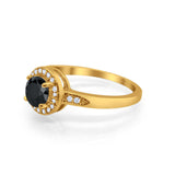 Halo Art Deco Engagement Ring Round Yellow Tone, Simulated Black CZ 925 Sterling Silver