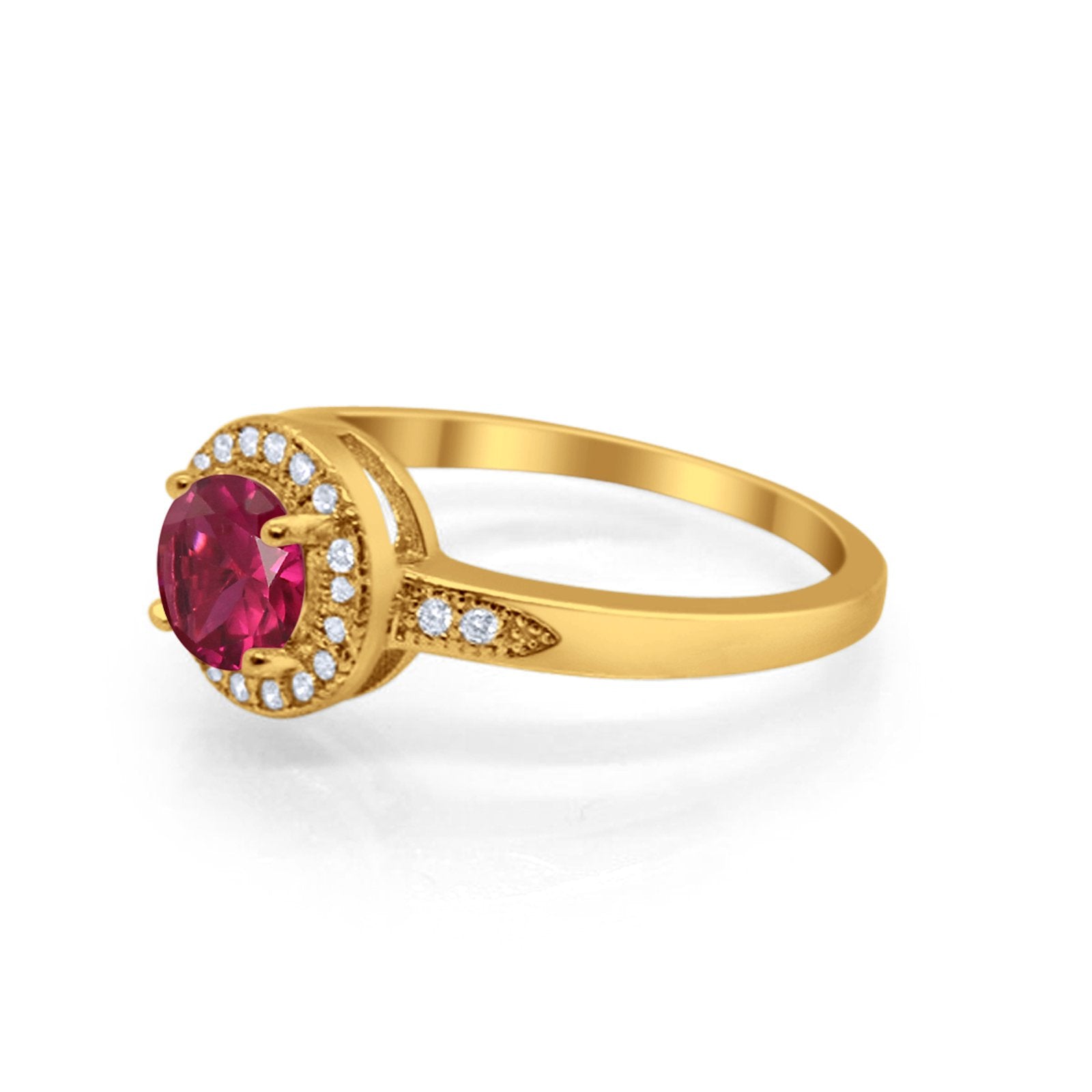 Halo Art Deco Engagement Ring Round Yellow Tone, Simulated Ruby CZ 925 Sterling Silver