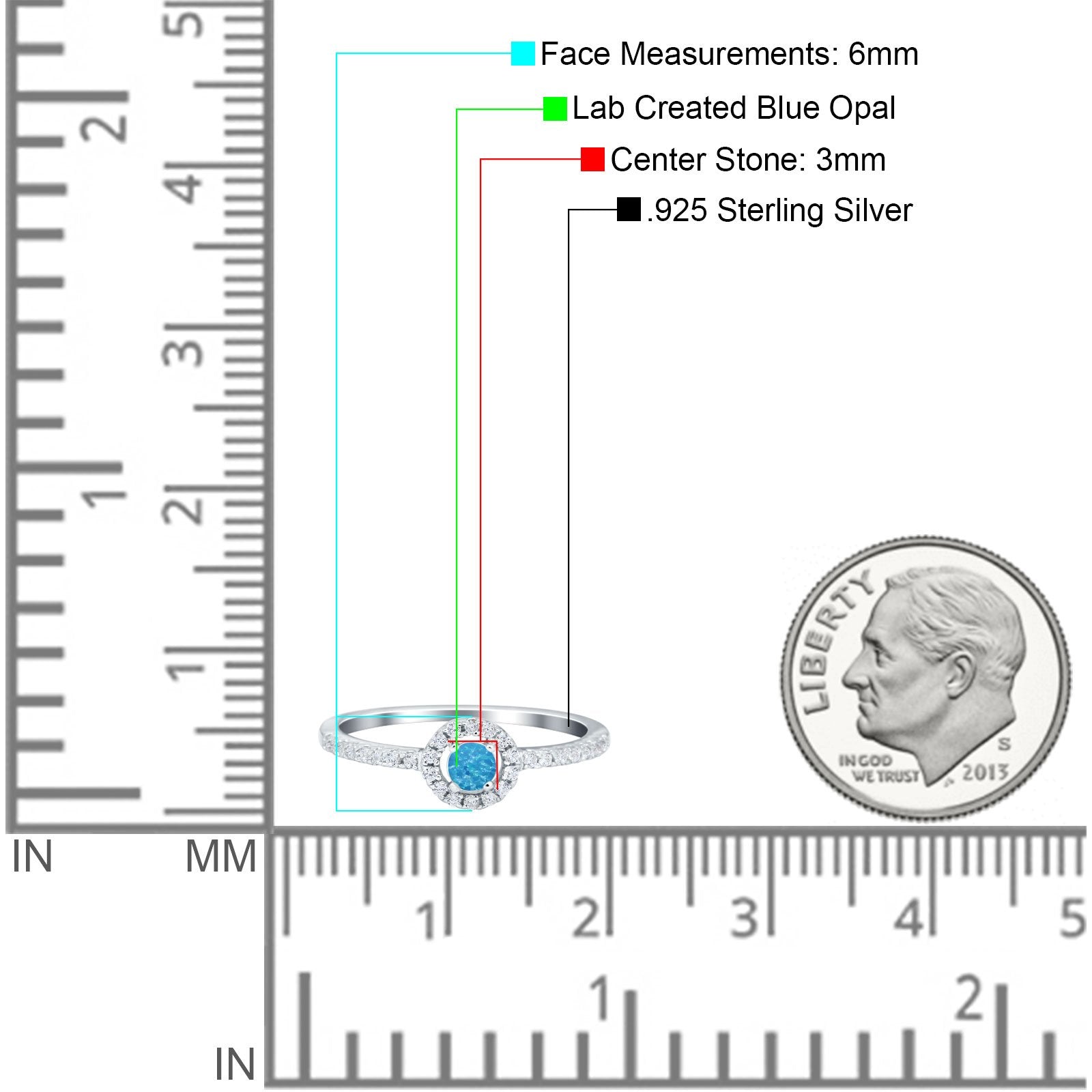 Petite Dainty Halo Ring Round Lab Created Blue Opal 925 Sterling Silver