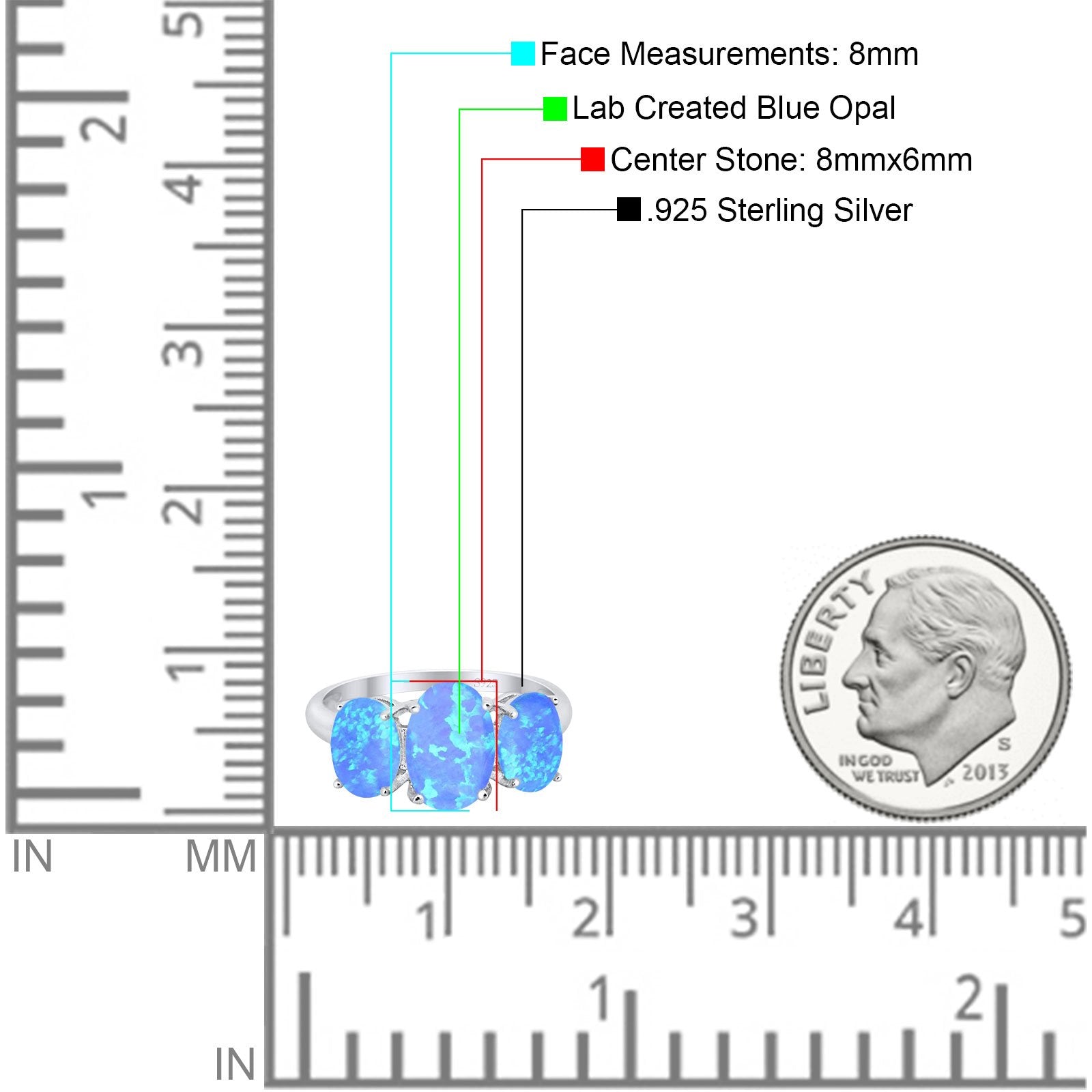 3-Stone Oval Lab Created Blue Opal Fashion Ring 925 Sterling Silver
