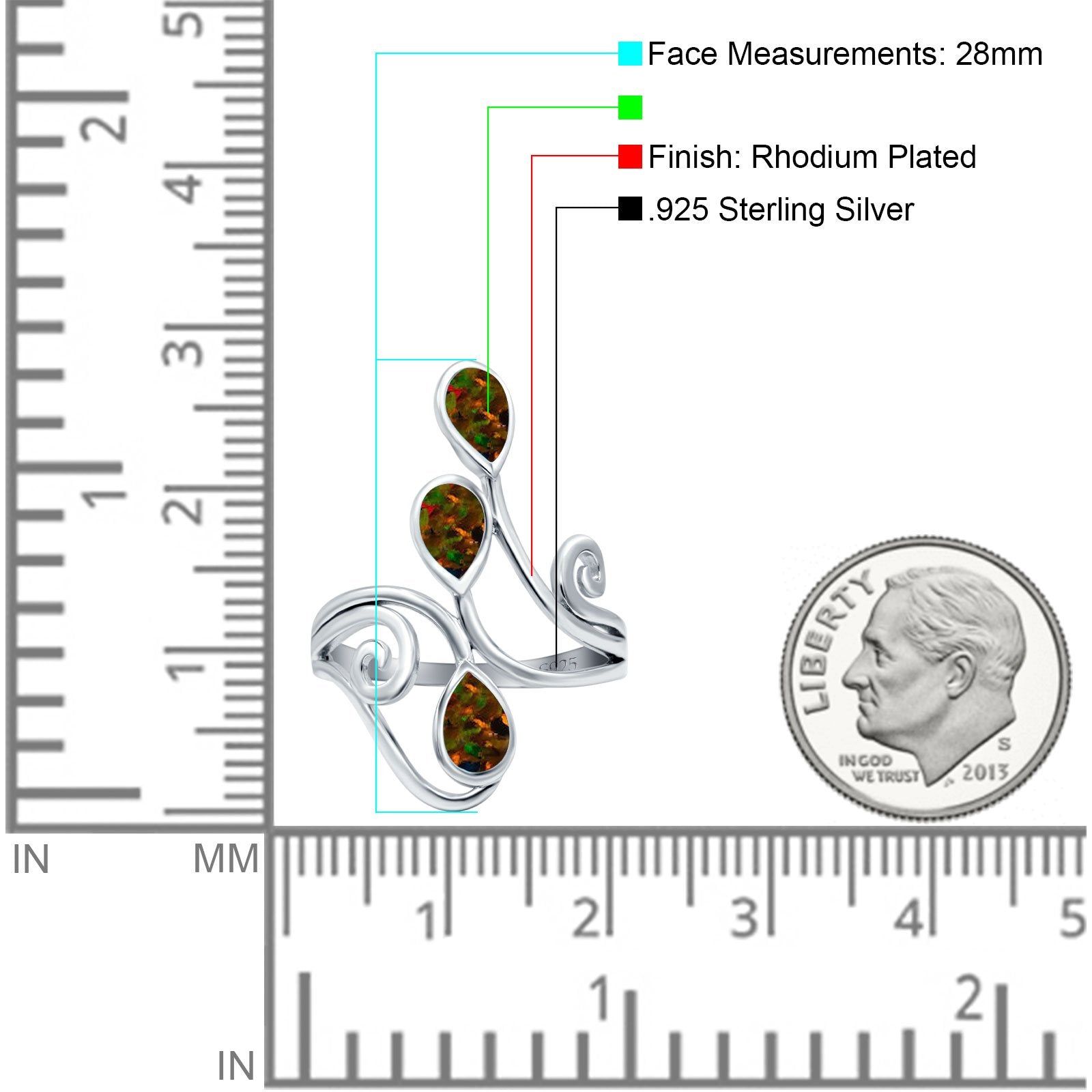 Fashion Teardrop Pear Swirl Spiral Ring Lab Created Black Opal 925 Sterling Silver