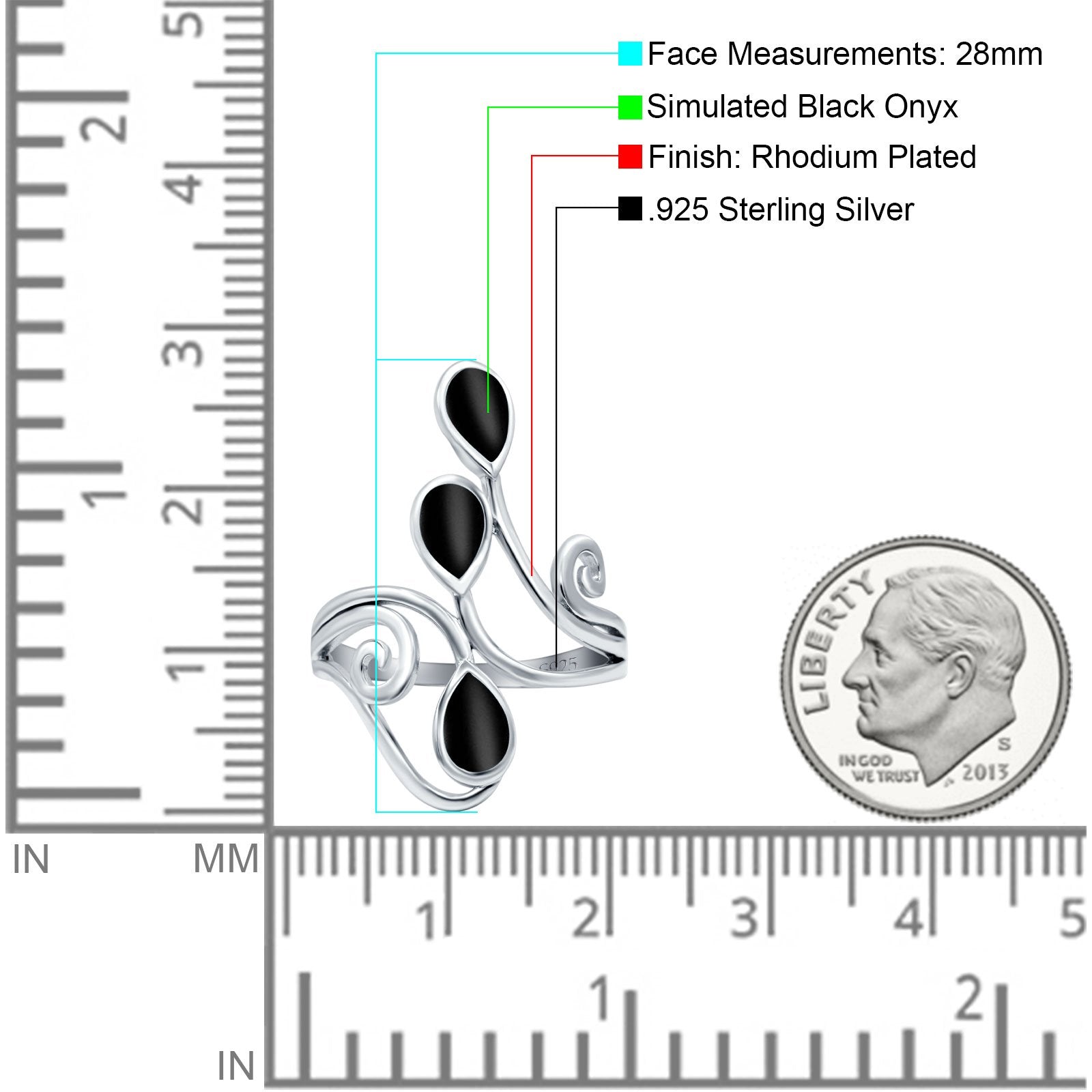 Fashion Teardrop Pear Swirl Spiral Ring Simulated Black Onyx 925 Sterling Silver