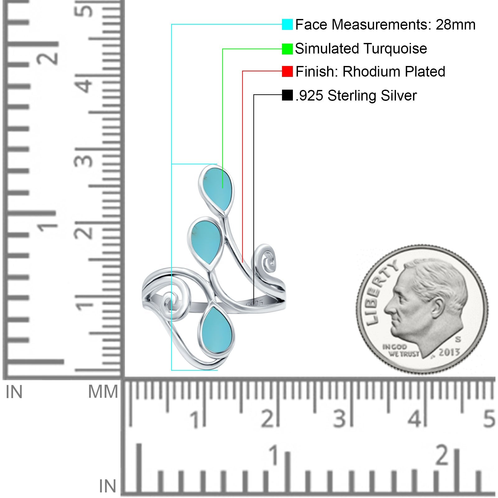 Fashion Teardrop Pear Swirl Spiral Ring Simulated Turquoise 925 Sterling Silver