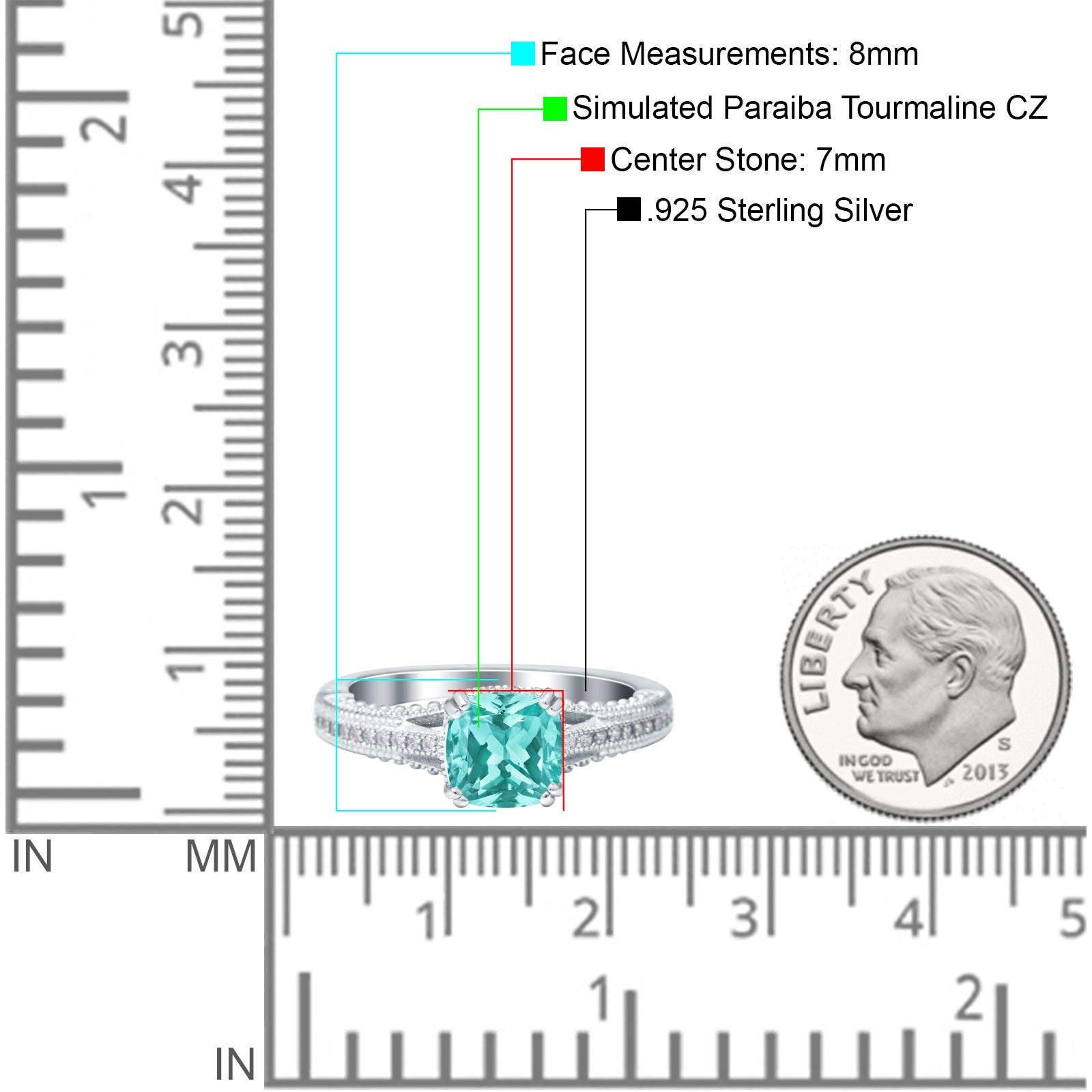 Cushion Cut Art Deco Engagement Ring Simulated Paraiba Tourmaline CZ 925 Sterling Silver