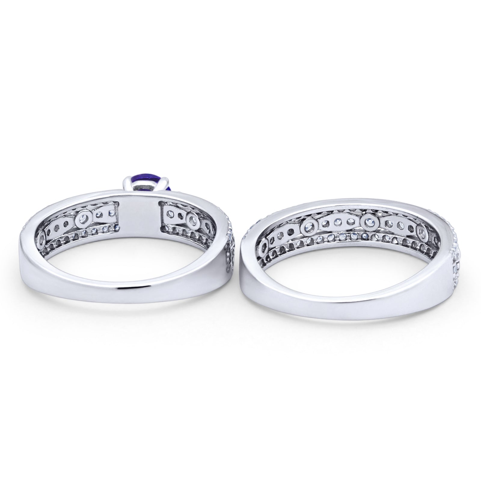 Art Deco Two Piece Bridal Set Wedding Ring Band Round Simulated Blue Sapphire CZ 925 Sterling Silver