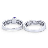 Art Deco Two Piece Bridal Set Wedding Ring Band Round Simulated Blue Sapphire CZ 925 Sterling Silver