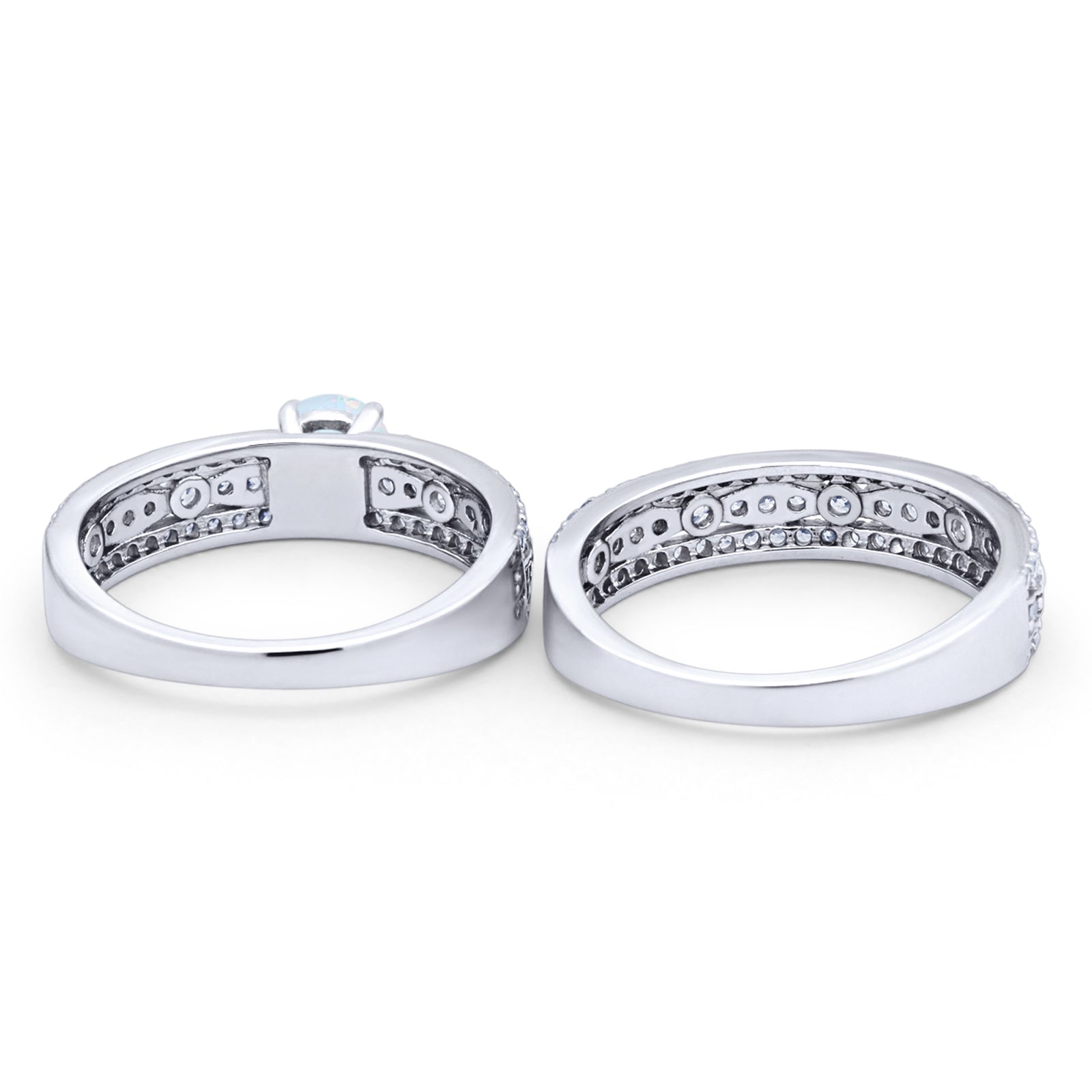 Art Deco Two Piece Bridal Set Wedding Ring Band Round Lab Created White Opal 925 Sterling Silver