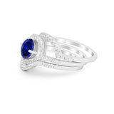 Three Piece Ring Band Round Simulated Blue Sapphire CZ 925 Sterling Silver