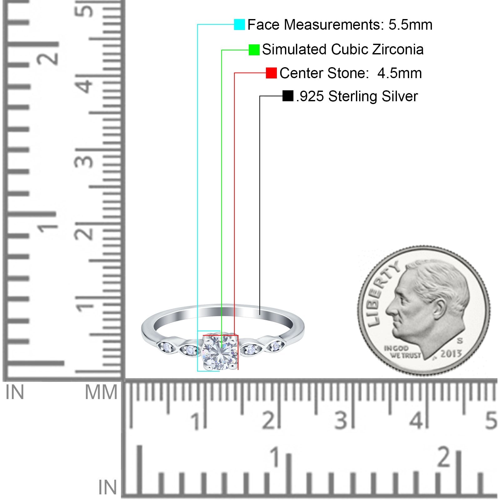 Petite Dainty Wedding Ring Round Simulated Cubic Zirconia 925 Sterling Silver