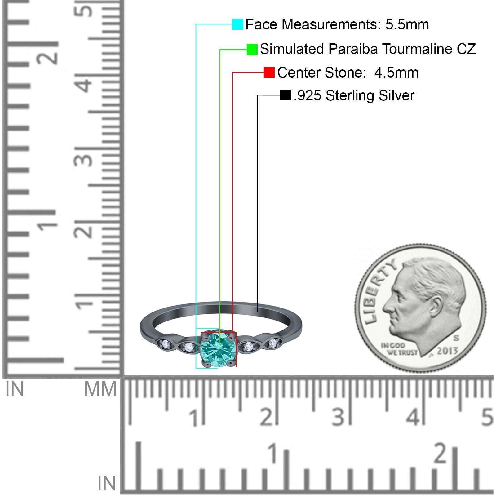 Petite Dainty Wedding Ring Round Black Tone, Simulated Paraiba Tourmaline CZ 925 Sterling Silver