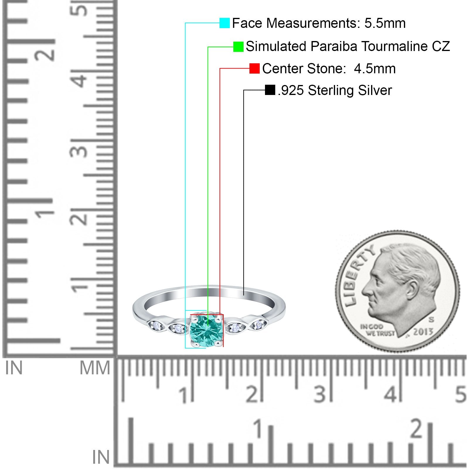 Petite Dainty Wedding Ring Round Simulated Paraiba Tourmaline CZ 925 Sterling Silver