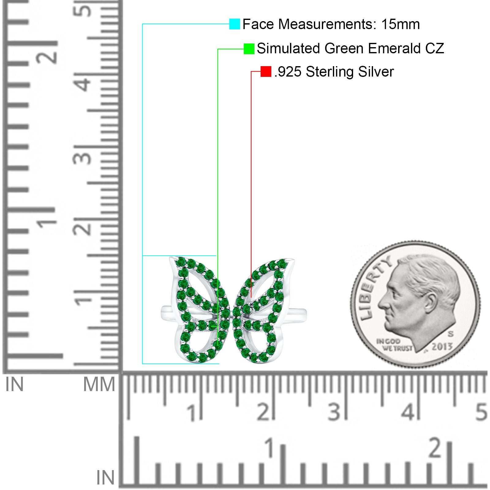 Butterfly Ring Wedding Band Simulated Green Emerald CZ 925 Sterling Silver (15mm)