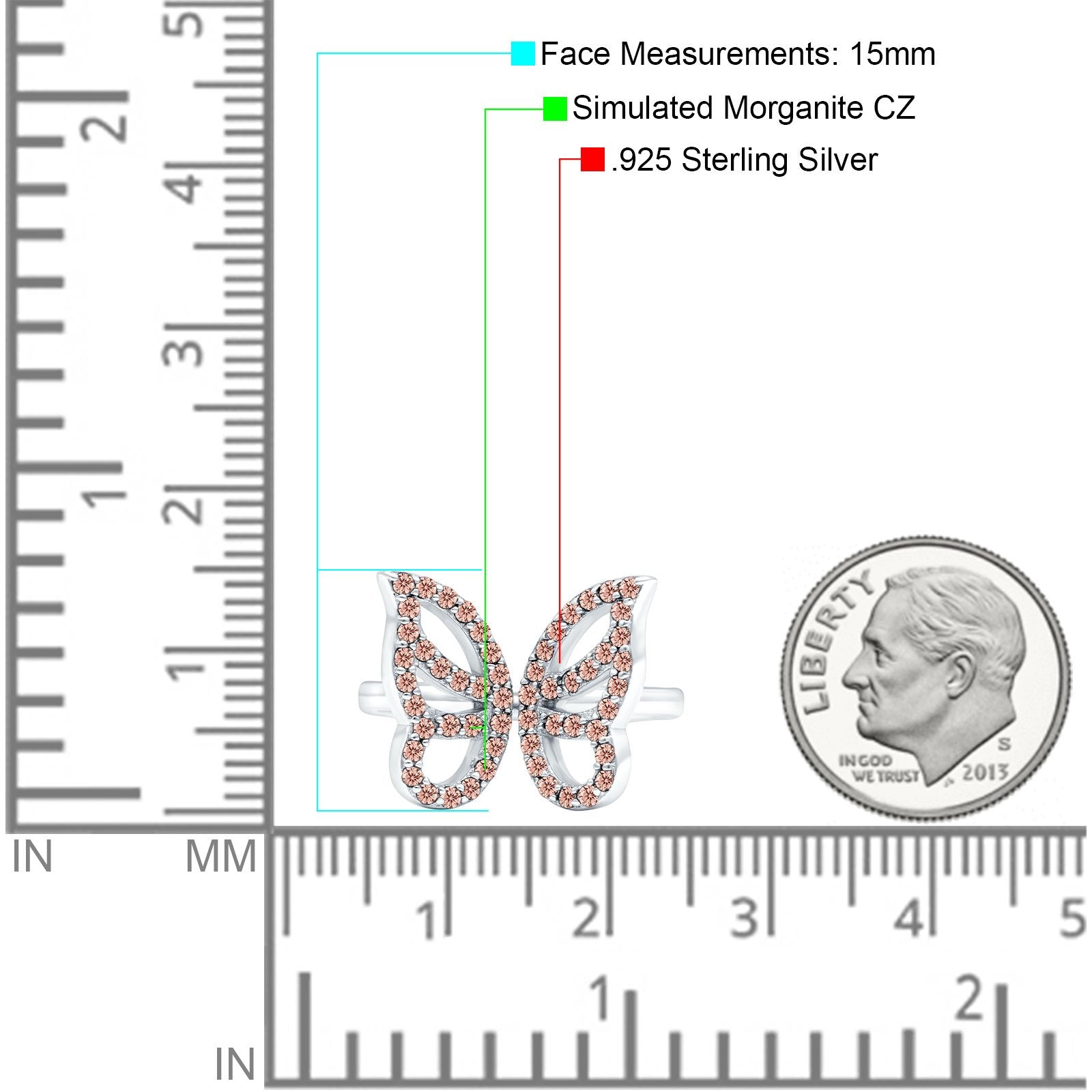 Butterfly Ring Wedding Band Simulated Morganite CZ 925 Sterling Silver (15mm)