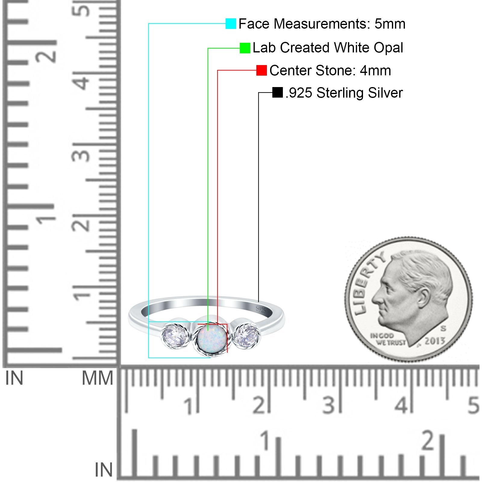 3 Stone Fashion Ring Lab Created White Opal Round 925 Sterling Silver