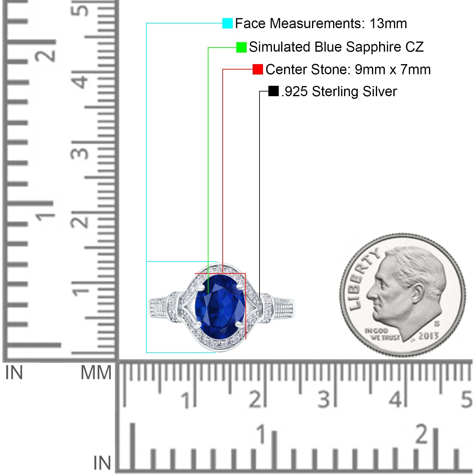 Oval Art Deco Wedding Ring Accent Vintage Simulated Blue Sapphire CZ 925 Sterling Silver