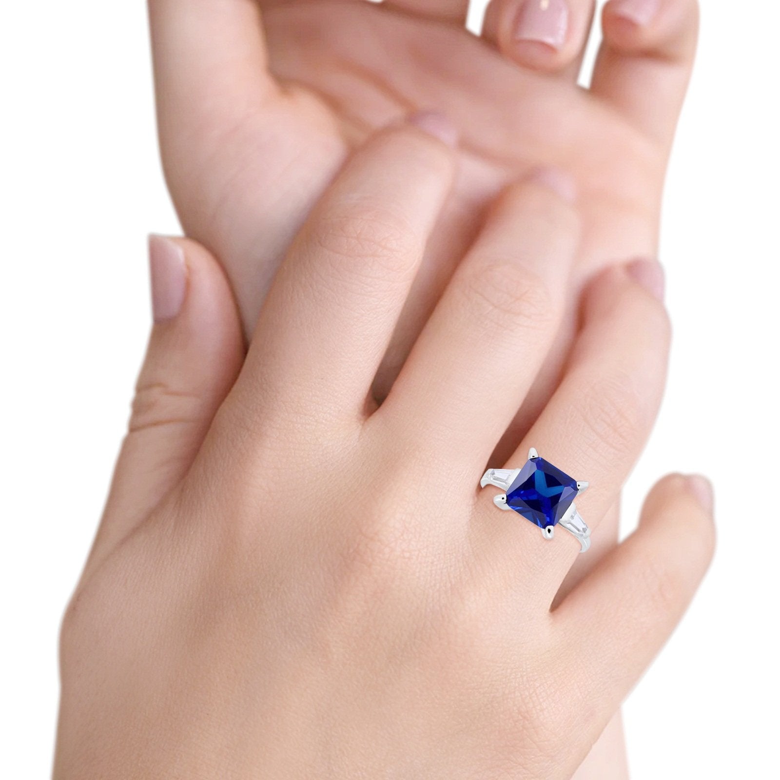 Princess Cut Baguette Wedding Ring Simulated Blue Sapphire CZ 925 Sterling Silver
