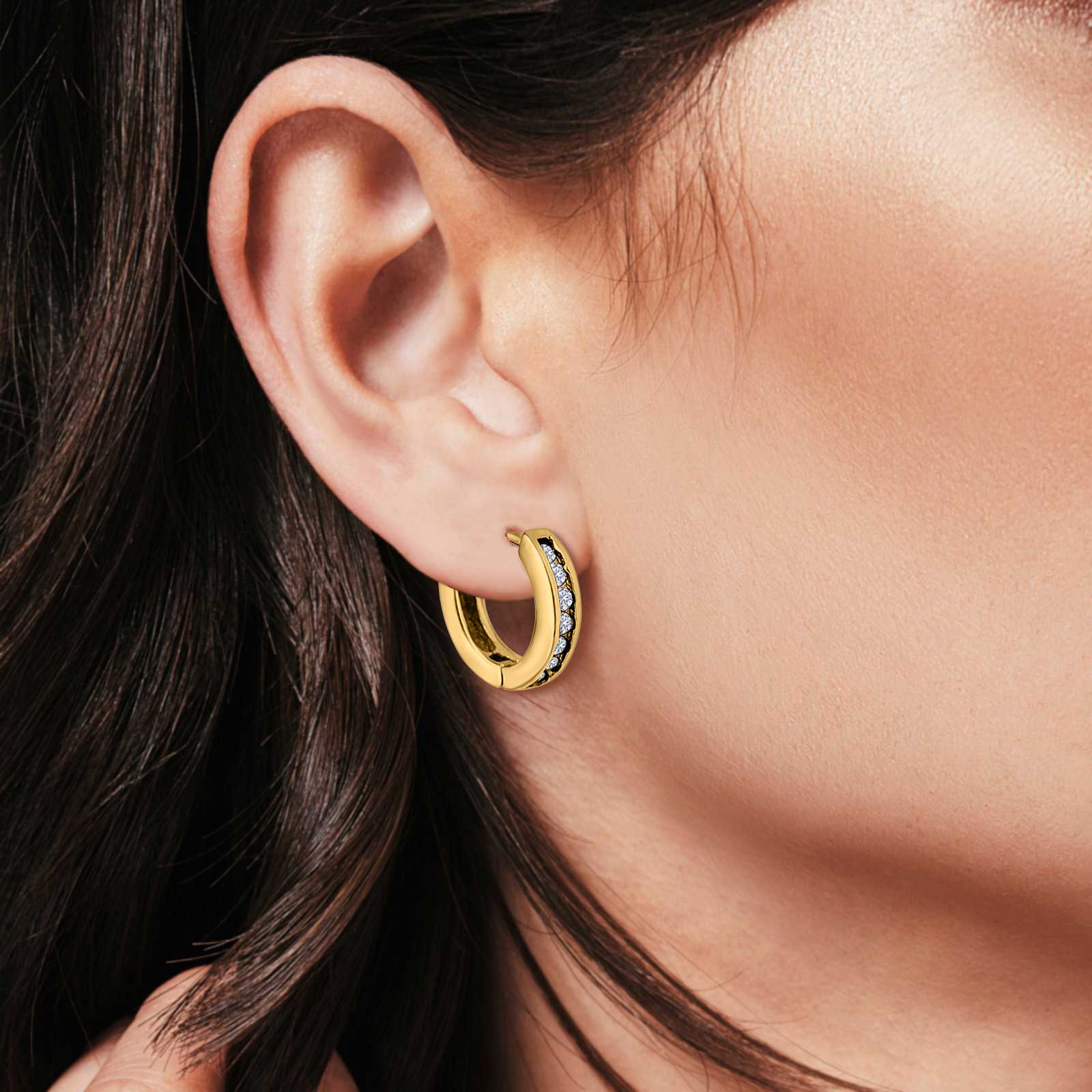 14K Yellow Gold Round Art Deco Hoop Earrings Simulated CZ