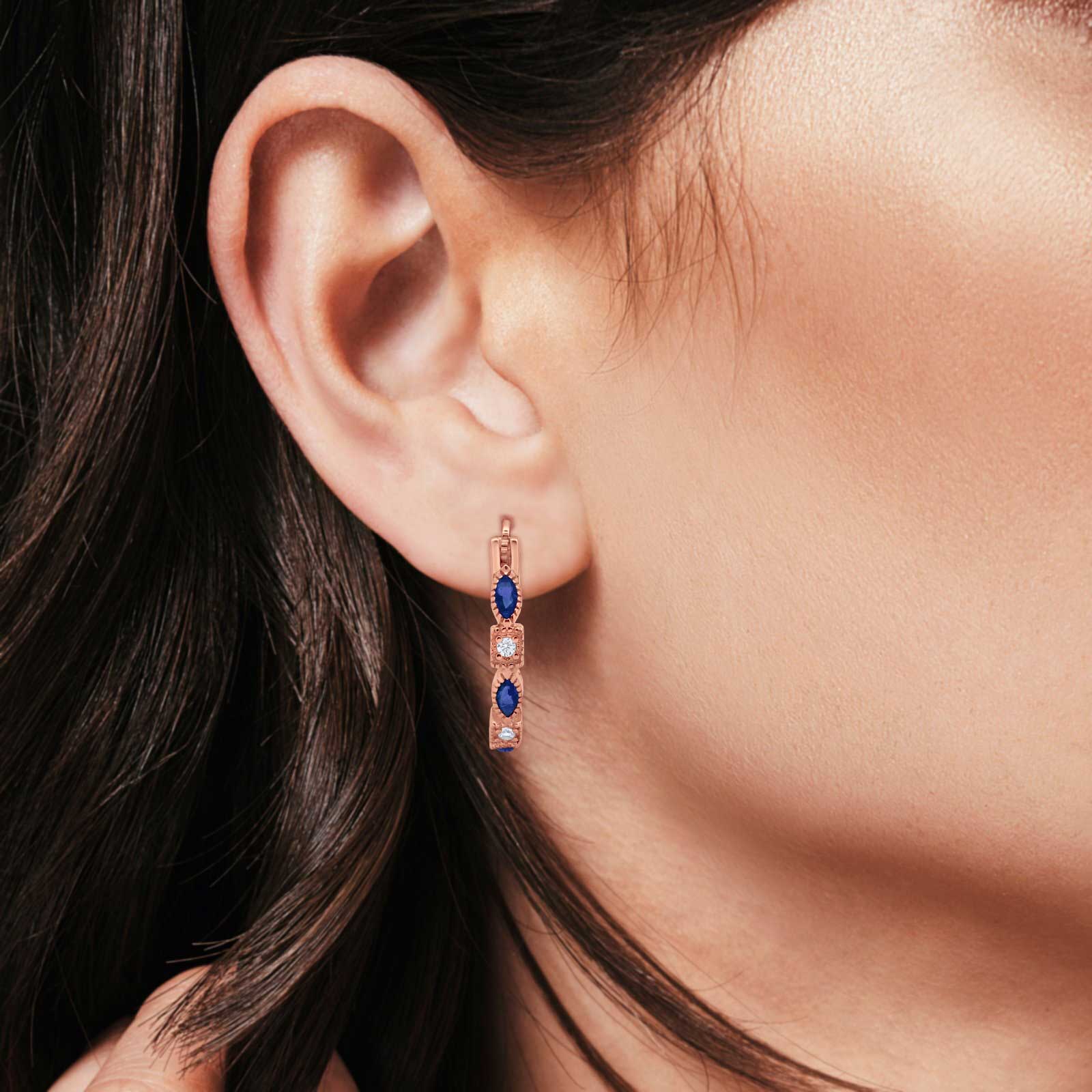 14K Rose Gold Art Deco Hoop Earrings Marquise Round Simulated Blue Sapphire CZ