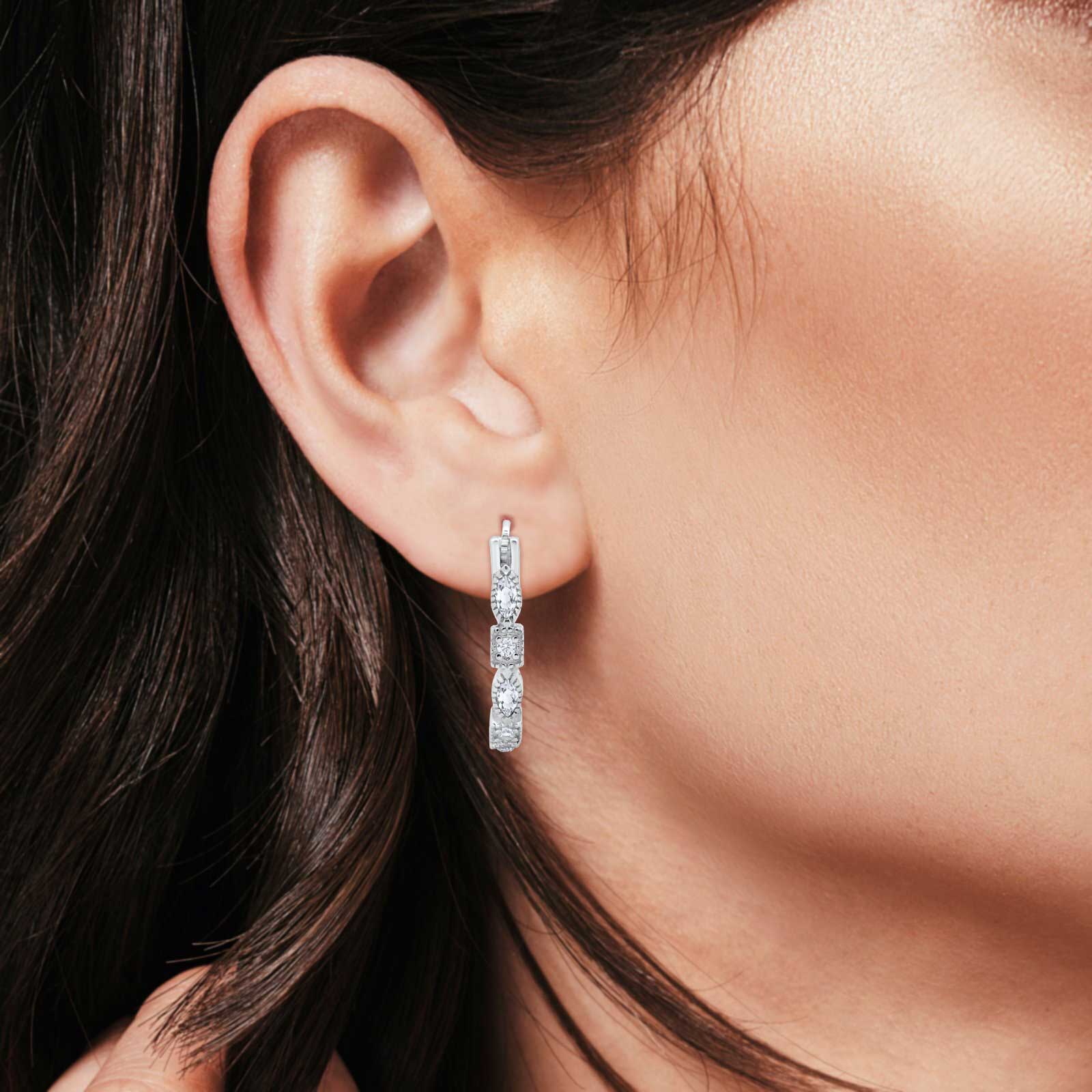 14K White Gold Art Deco Hoop Earrings Marquise Round Simulated CZ
