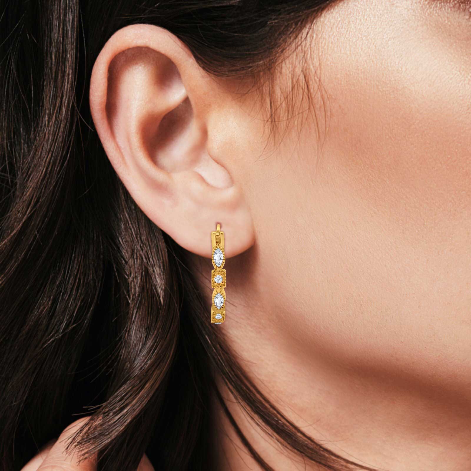 14K Yellow Gold Art Deco Hoop Earrings Marquise Round Simulated CZ