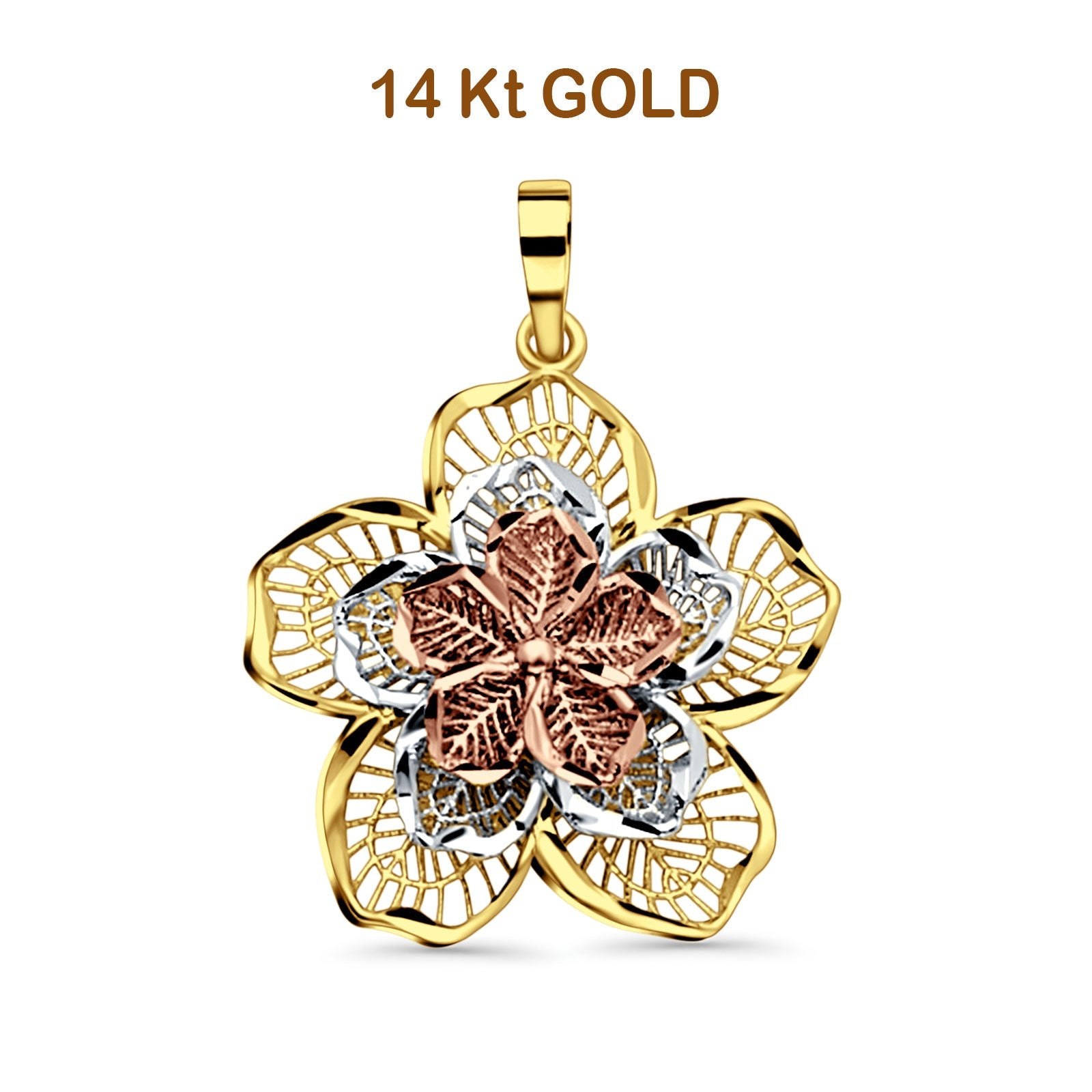 14K Tri Color Gold Filigree Flower Pendant 26mmX23mm 2.1 grams