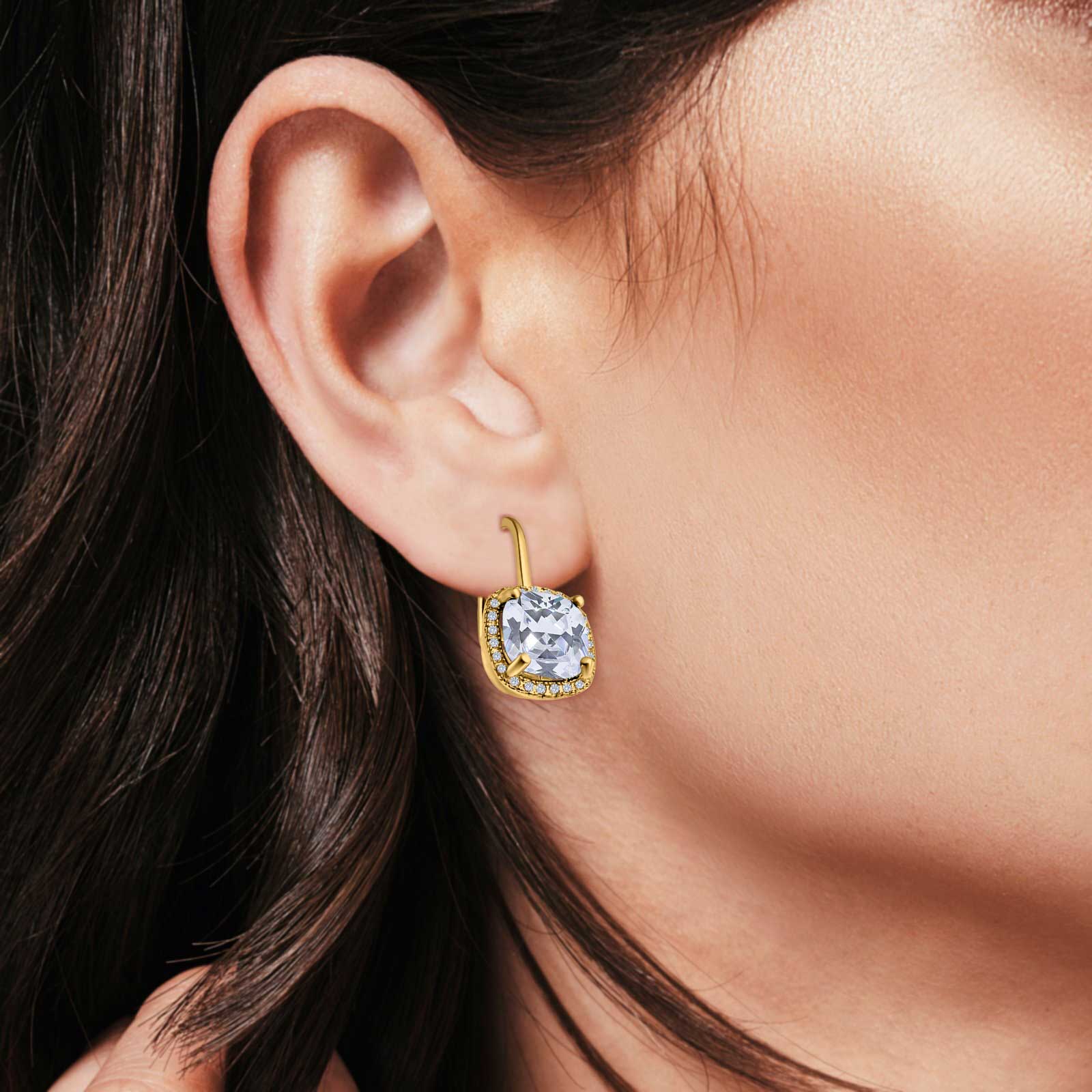 14K Yellow Gold Cushion Halo Leverback Earrings Round Cubic Zirconia
