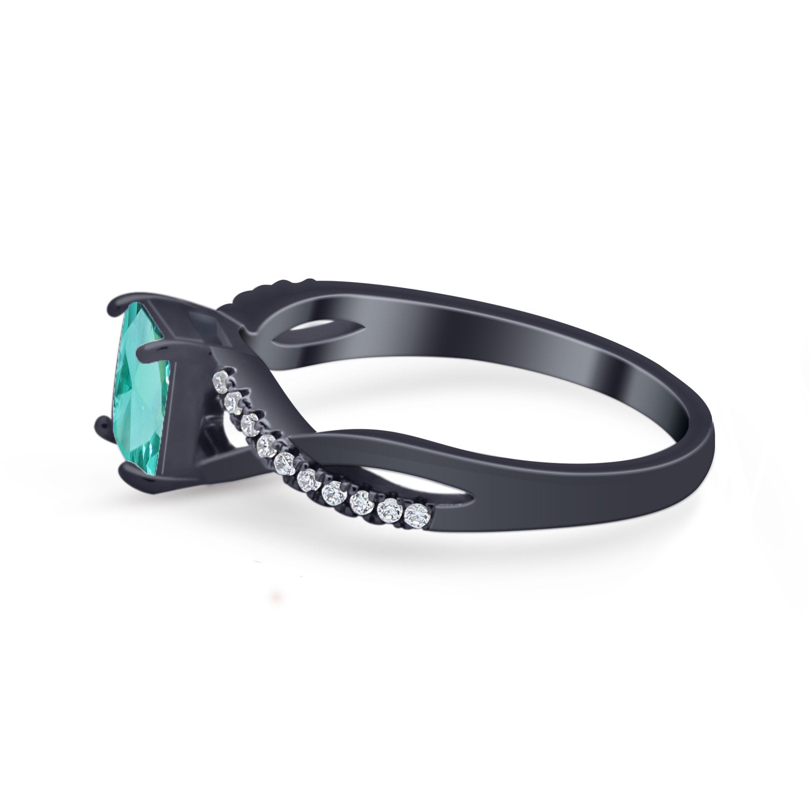 Infinity Shank Princess Cut Engagement Ring Black Tone, Simulated Paraiba Tourmaline CZ 925 Sterling Silver