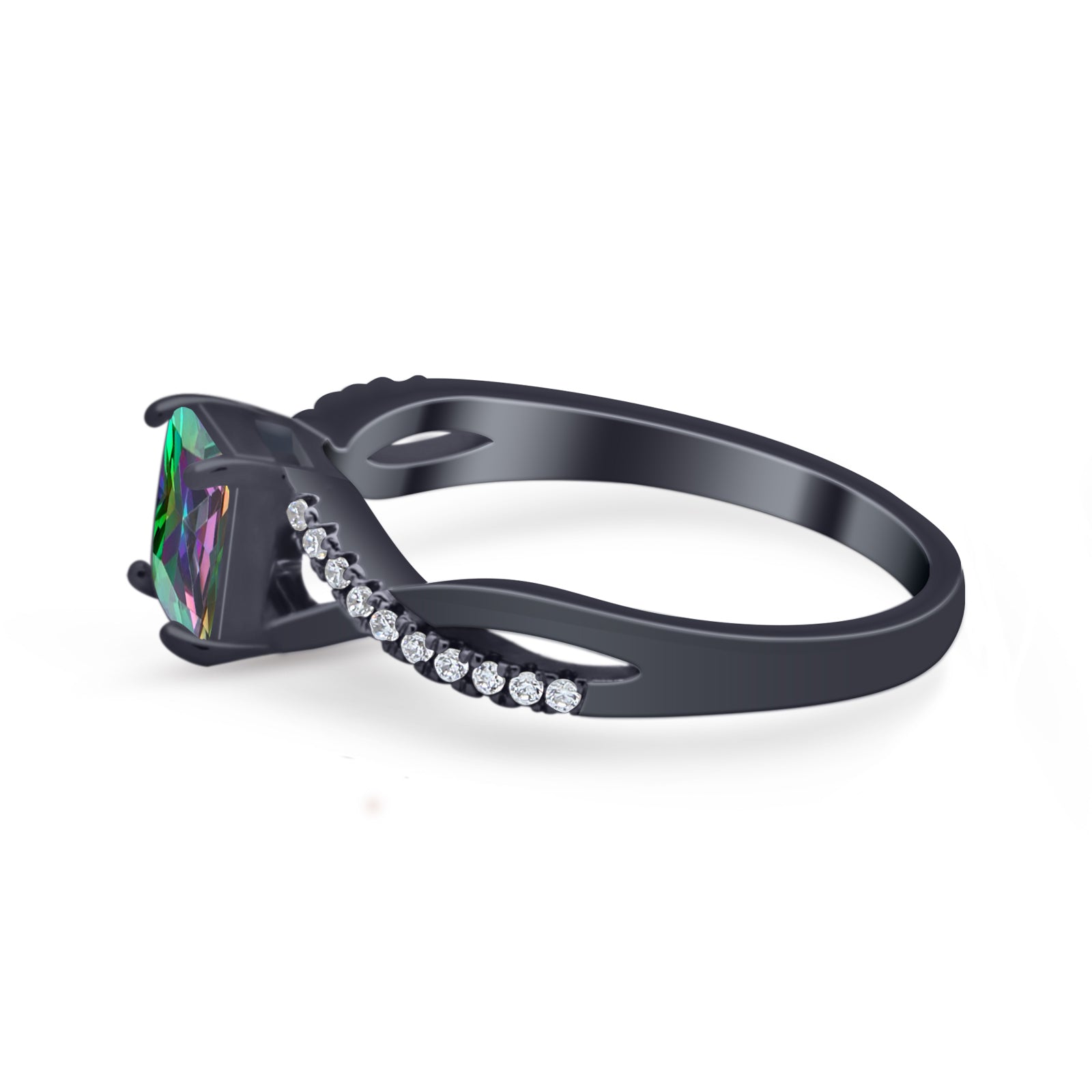 Infinity Shank Princess Cut Engagement Ring Black Tone, Simulated Rainbow CZ 925 Sterling Silver