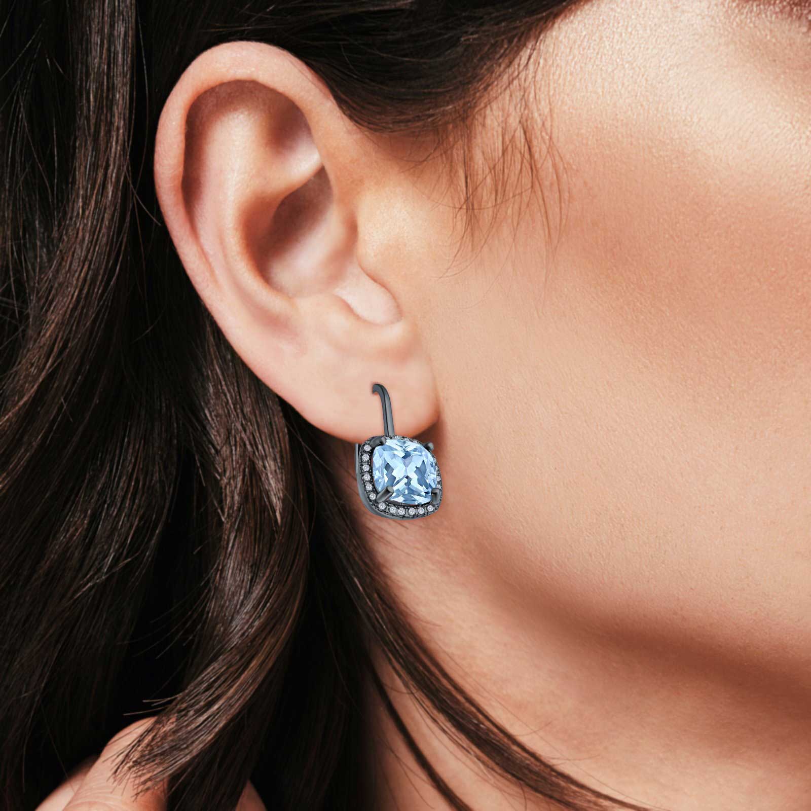 Halo Cushion Leverback Earrings Black Tone, Simulated Aquamarine CZ 925 Sterling Silver