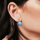 Halo Cushion Leverback Earrings Black Tone, Simulated Aquamarine CZ 925 Sterling Silver